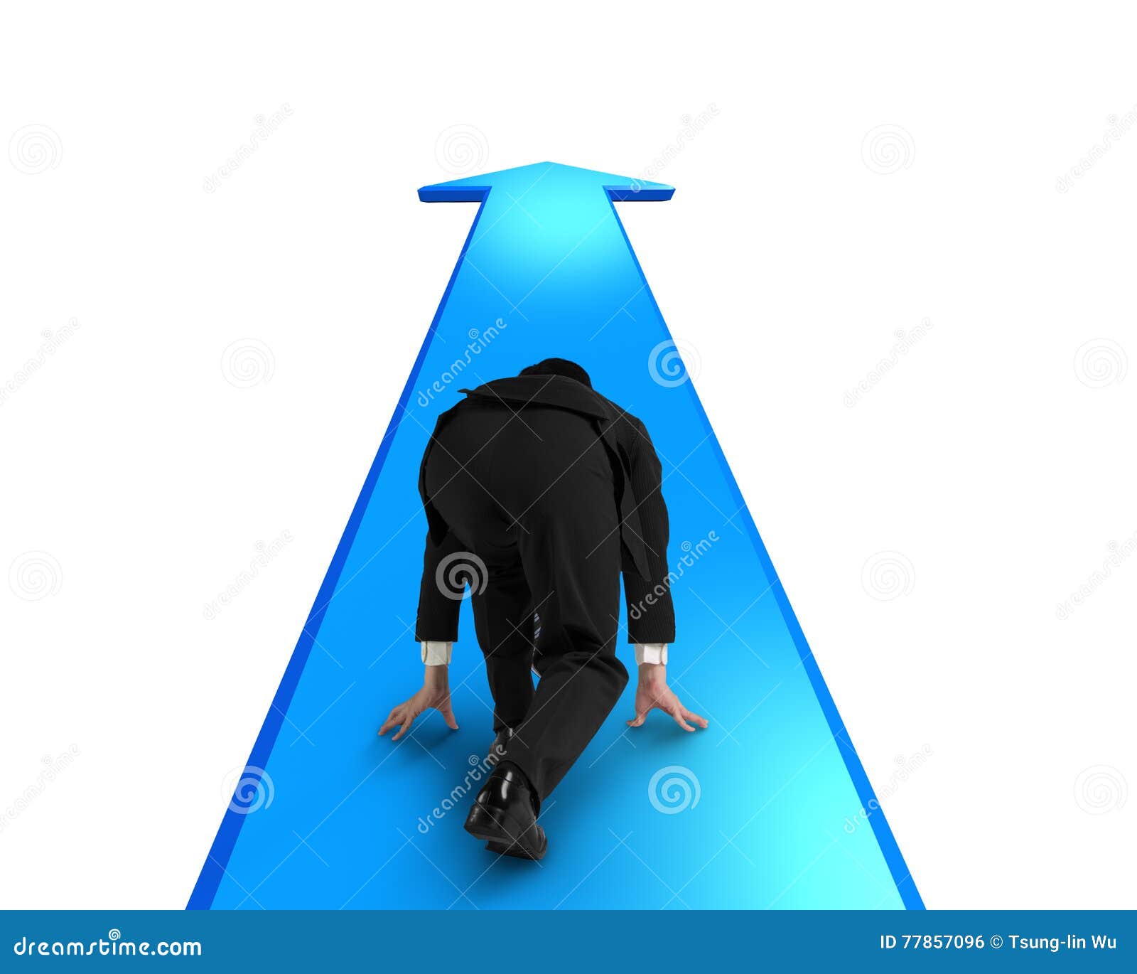 Businessman ready to race on blue arrow going way. Businessman ready to run on blue arrow going way, isolated on white background.