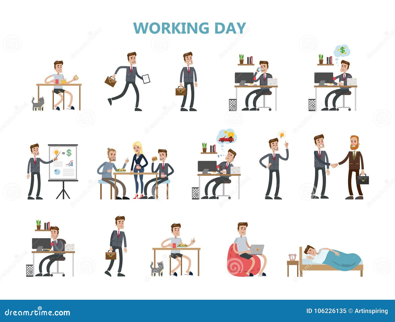 Businessman daily routine. stock vector. Illustration of everyday -  106226135