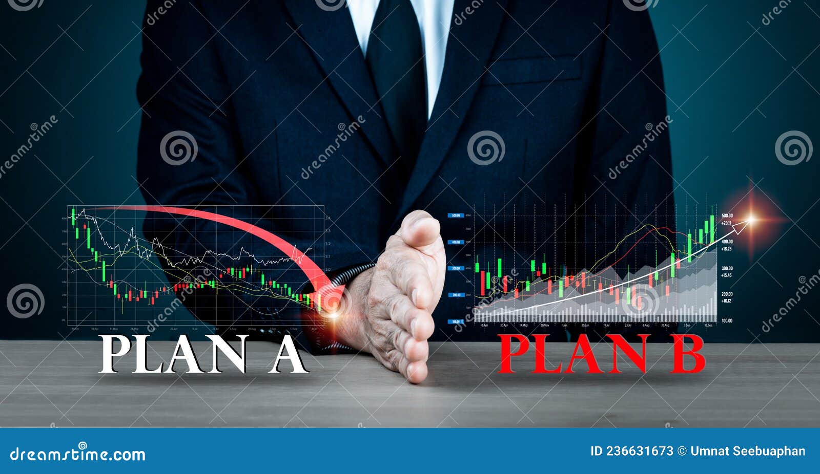 a businessman's hand obstructs plan a. plan b wording on the table backdrop has been changed.  such as strategy.