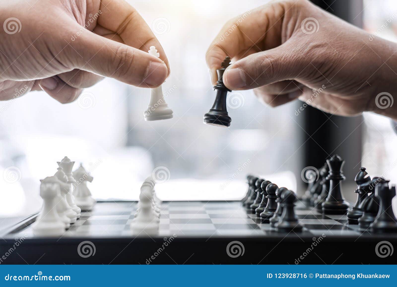 Businessman`s Hand Playing Chess Game To Development Analysis Ne Stock  Photo - Image of competition, business: 123928716