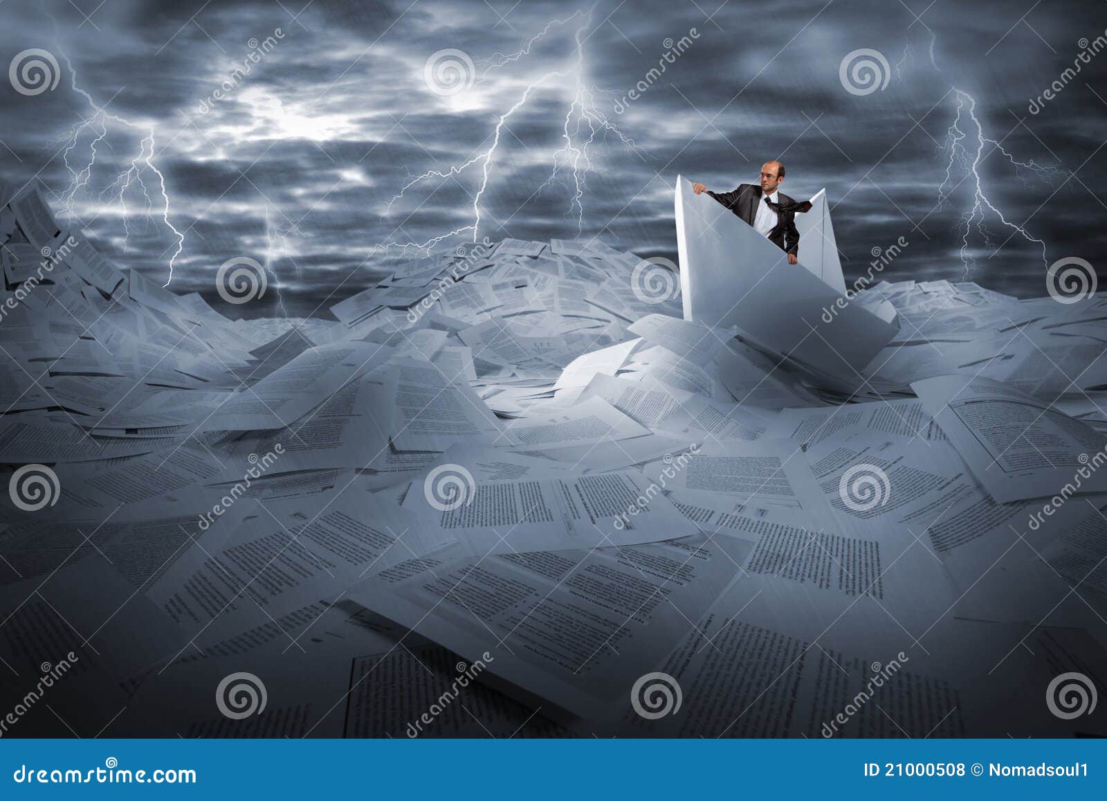 businessman sailing in stormy papers sea