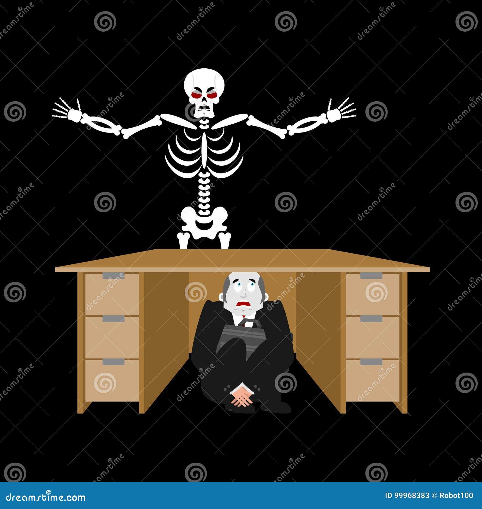 Businessman Scared Under Table Of Skeleton Frightened Business