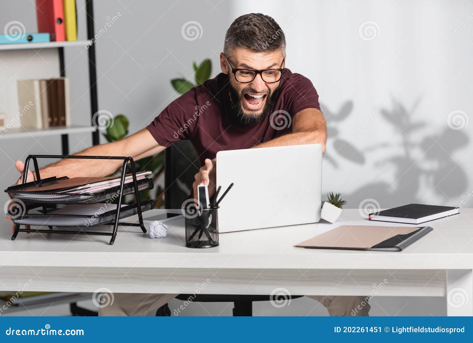 Businessman Screaming while Throwing Laptop and Stock Image Image of