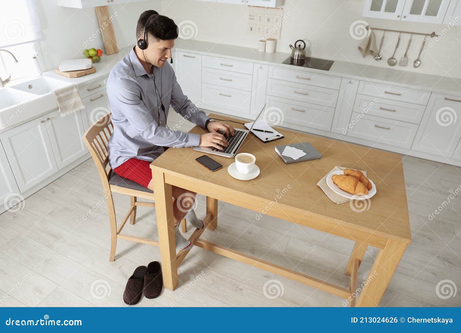 Businessman in Shirt and Underwear Working on Laptop at Home Stock ...