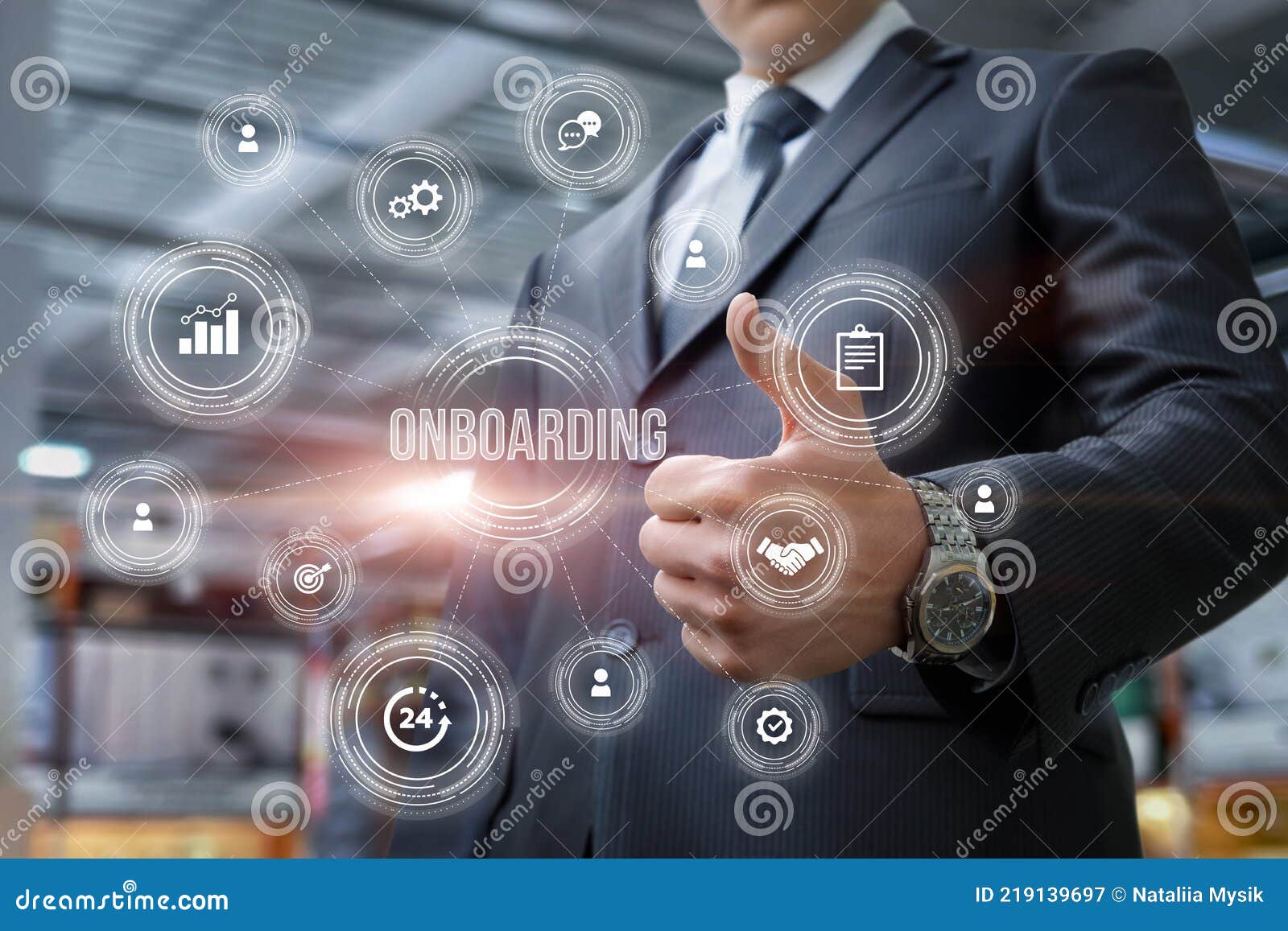businessman showing structure onboarding process business on blurred background