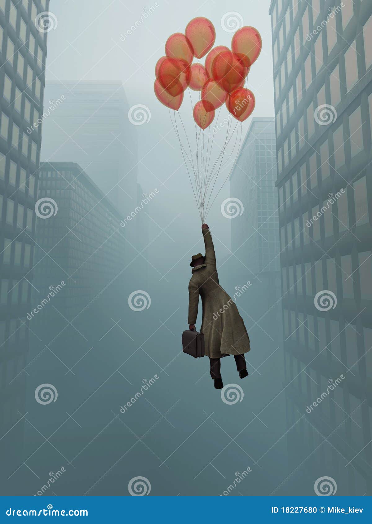 businessman soaring on balloon in city