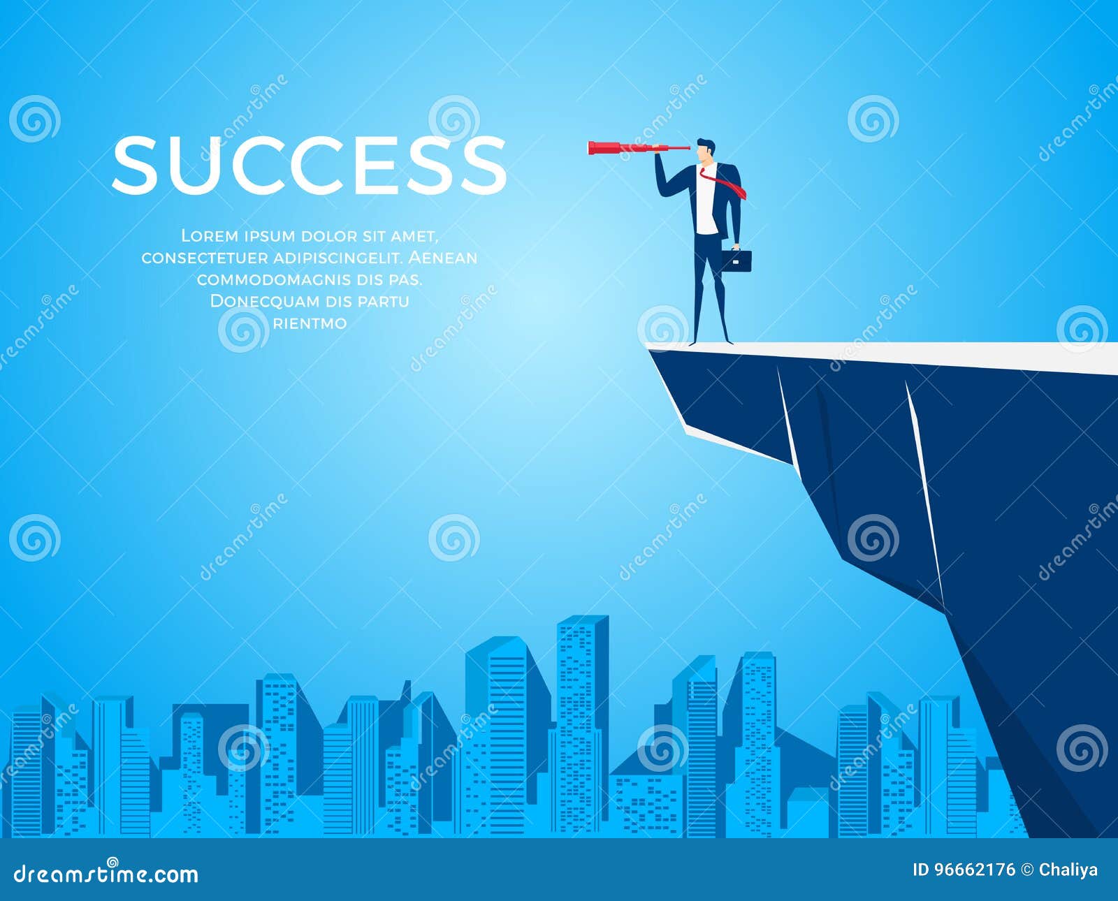 businessman stand on cliff edge mountain using telescope looking for success, opportunities, future business trends.vision concept