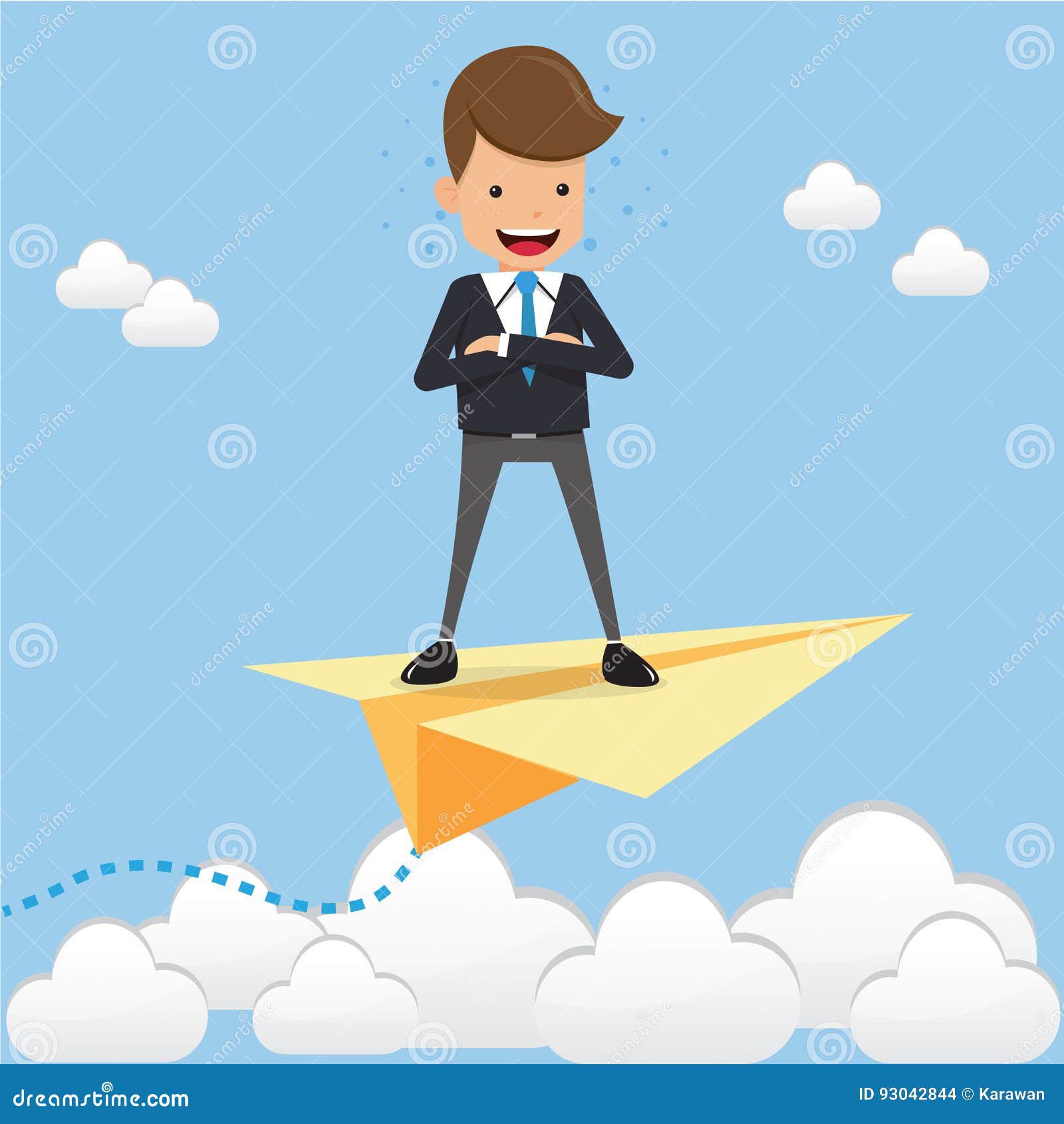 Businessman Standing Chest Hug on Paper Plan on the Sky. Concept Business Vector  Illustration Flat Style. Stock Vector - Illustration of cartoon, happy:  93042844