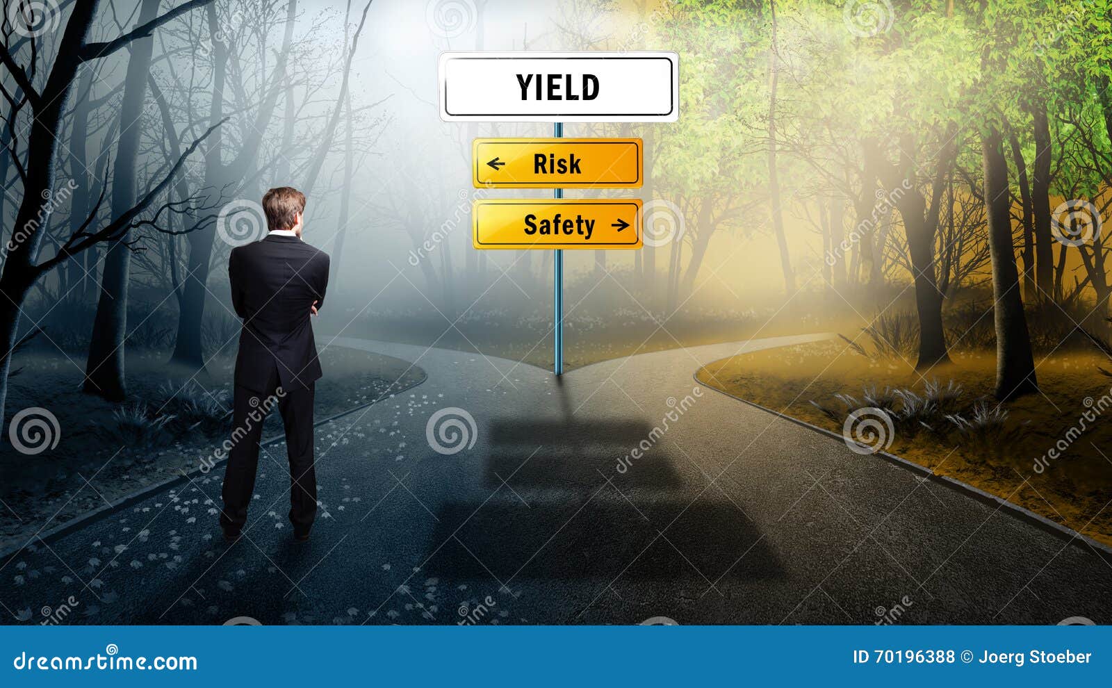 businessman standing at a crossroad of yield