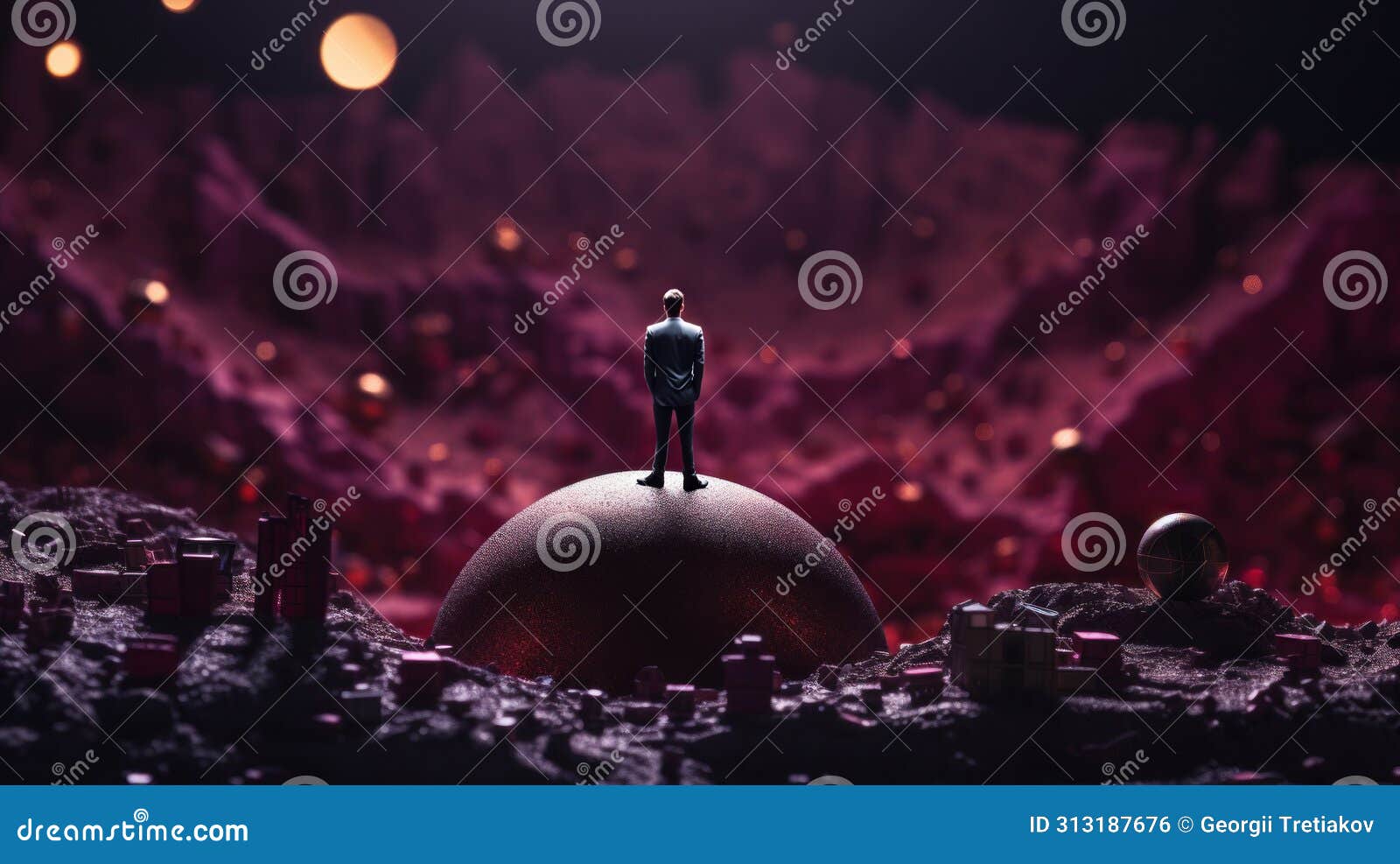 businessman standing on a dome in a surreal landscape