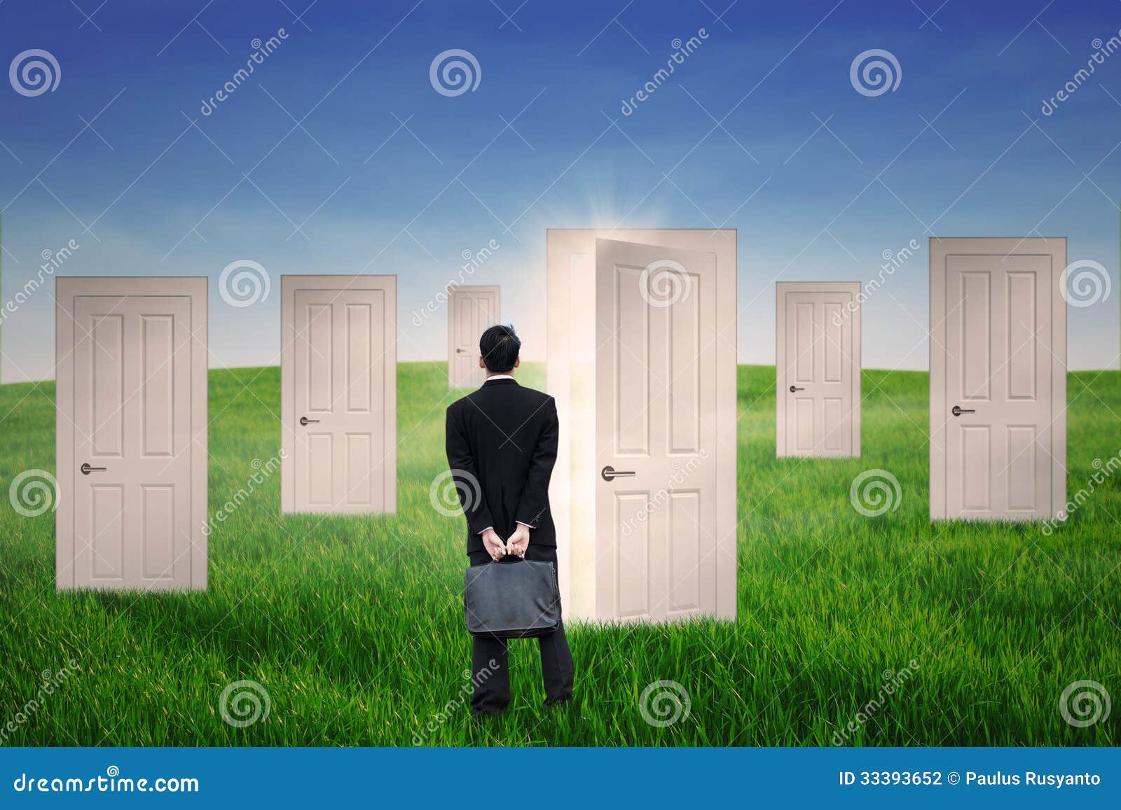 Businessman Standing in Front of Opportunity Door Stock Photo Image