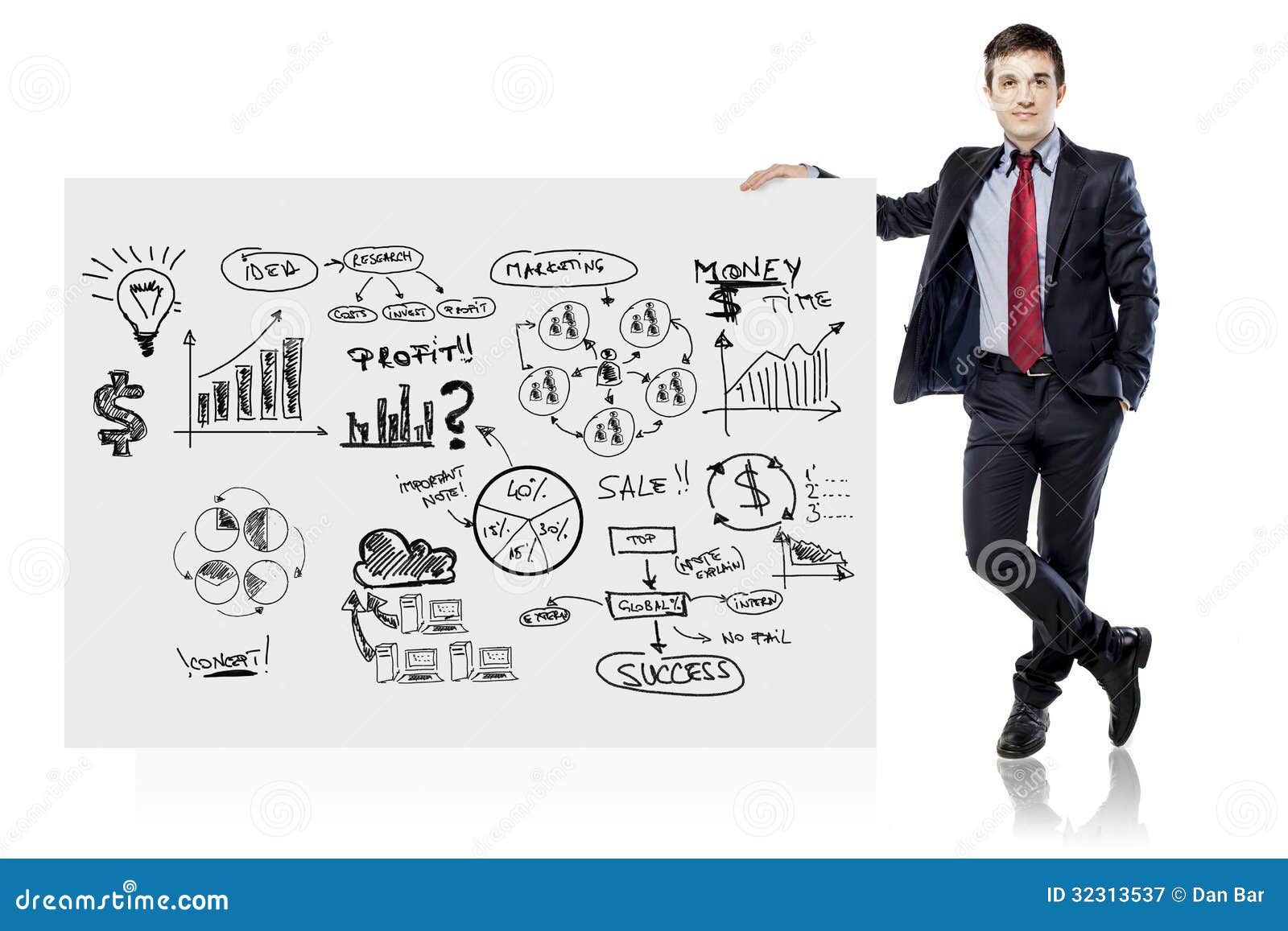 Businessman in suit and business plan on grunge wall
