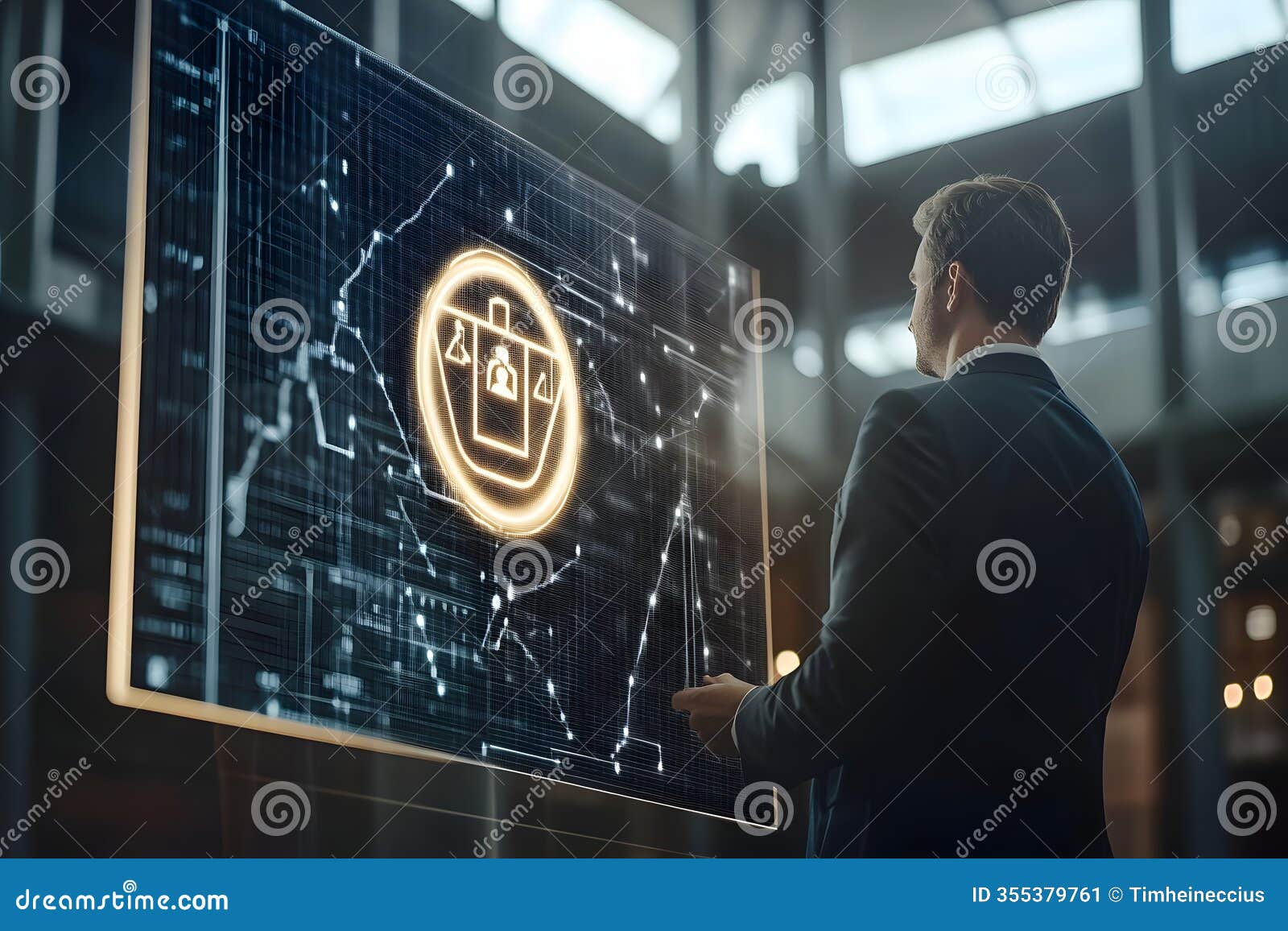 businessman in suit using digital display with security scales icon
