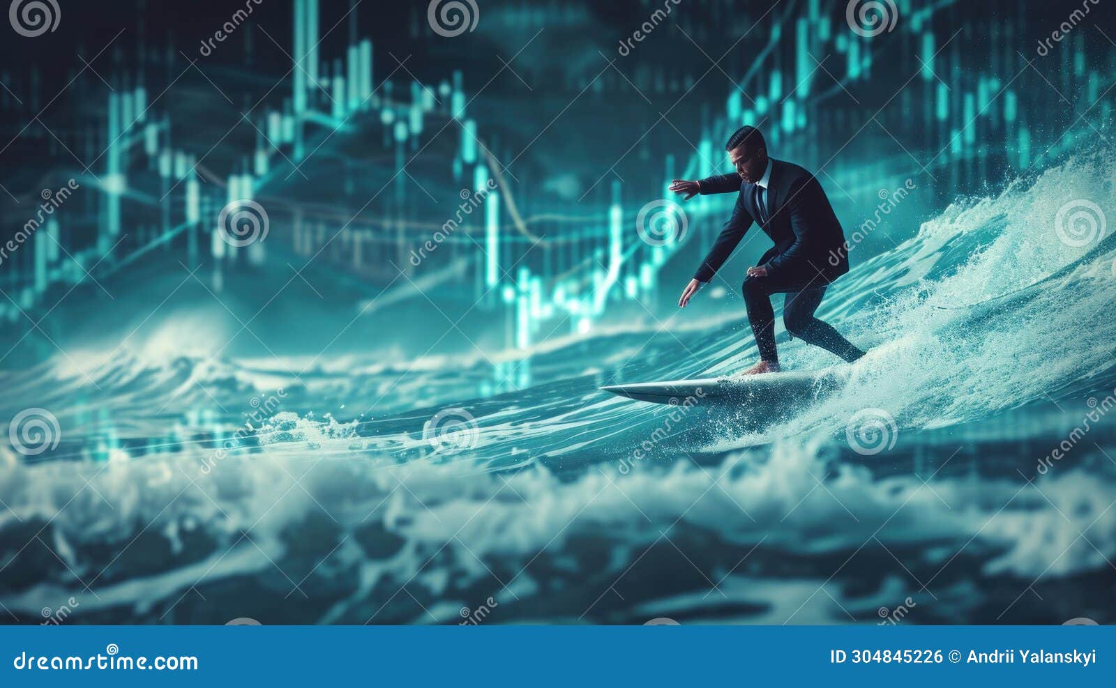 a businessman on a surf conquers trend charts of trading on the stock exchange. climbing to the top of the stock market. to be in