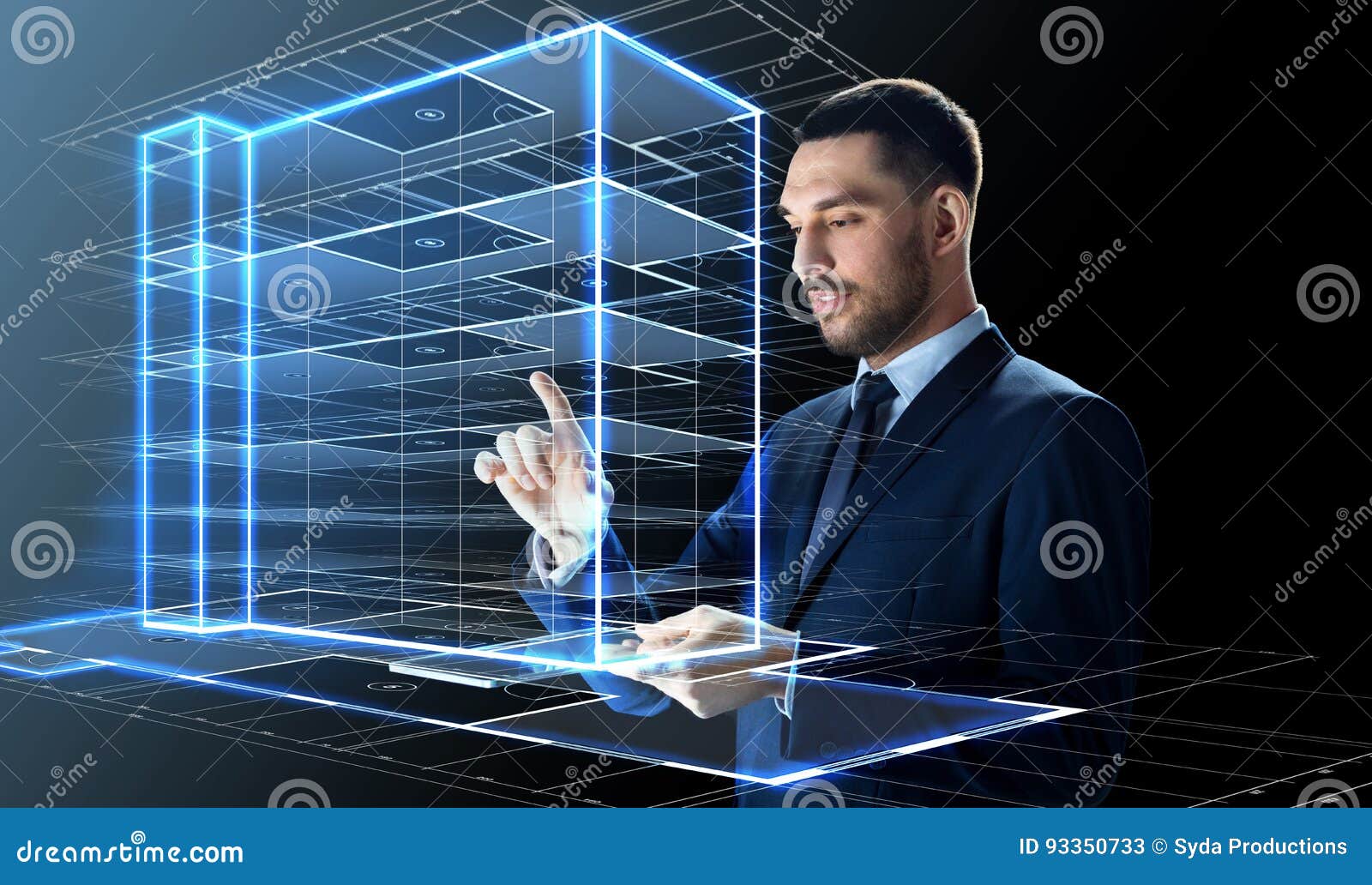 Businessman with tablet pc and building hologram. Business, people and future technology concept - businessman in suit working with transparent tablet pc computer and virtual construction hologram over black background