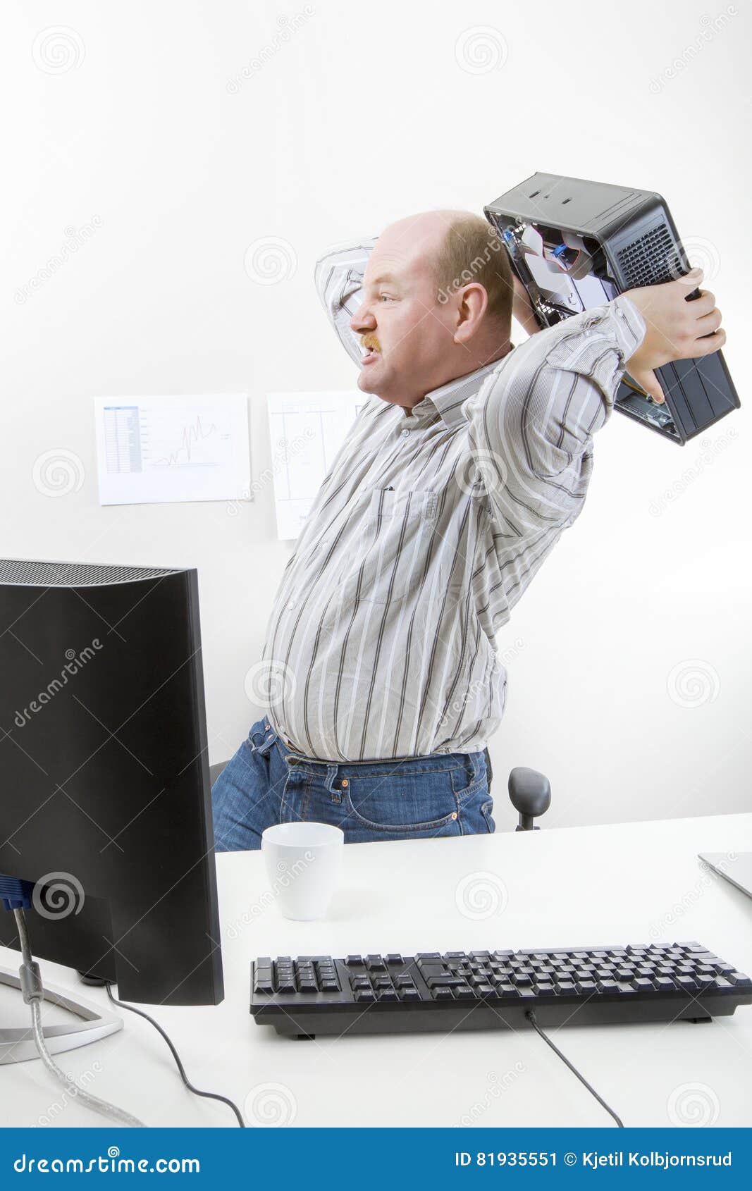 Businessman Throwing Computer Chassis By Desk Stock Image Image