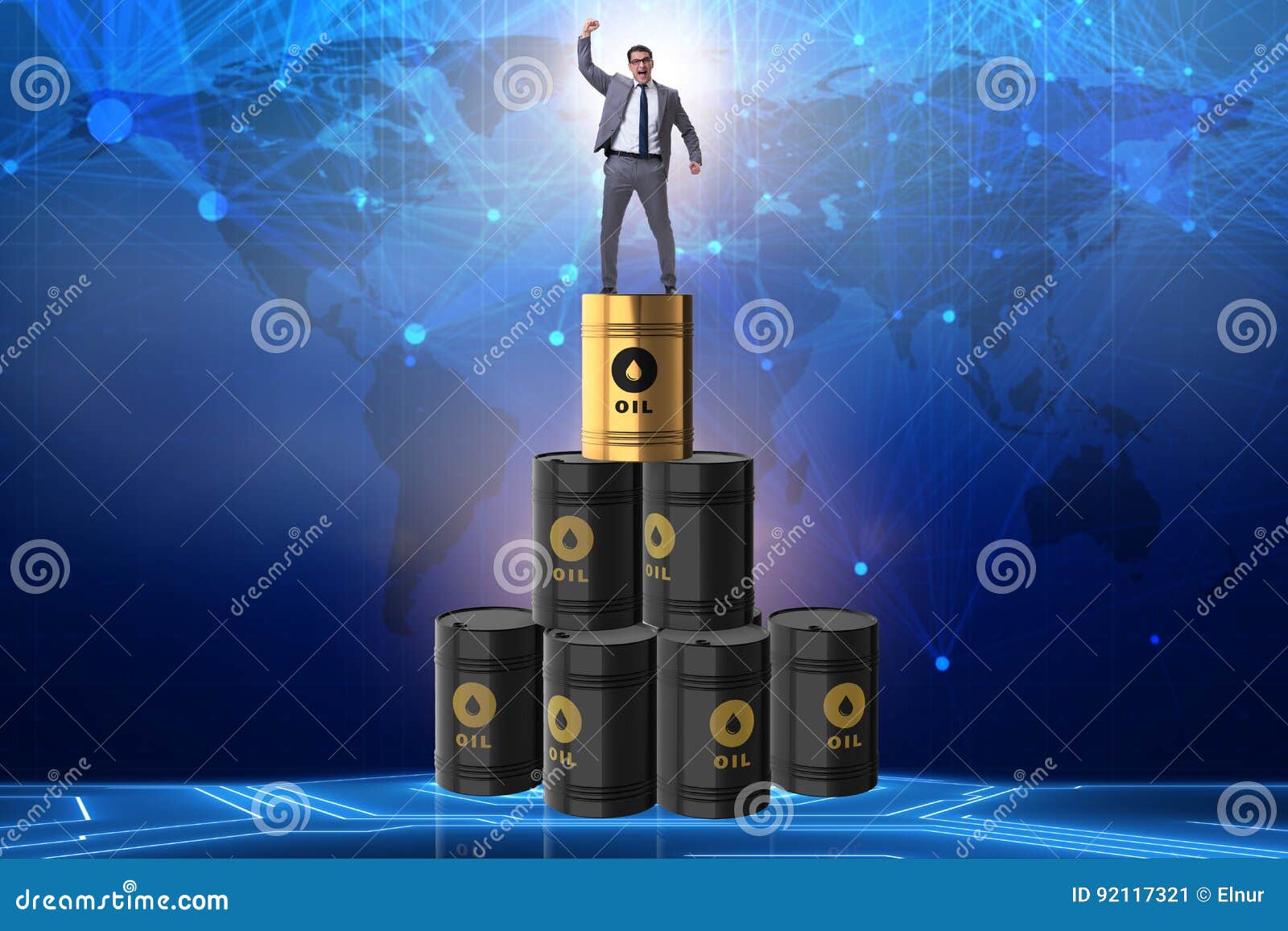 The businessman on top of oil barrels