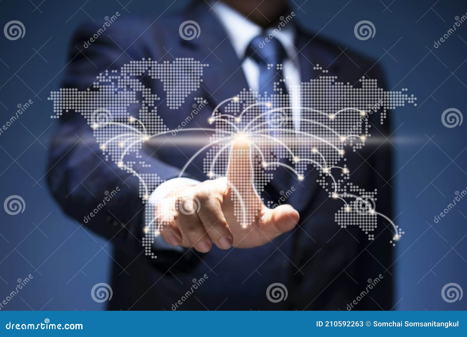 businessman touch point of city connection line in world map show start up, business plan, communicate, technology, global network