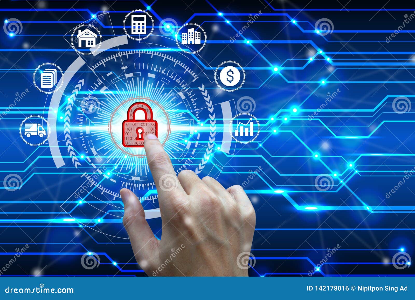 Businessman Touch Virtual Padlock Icon Over The Network Connection