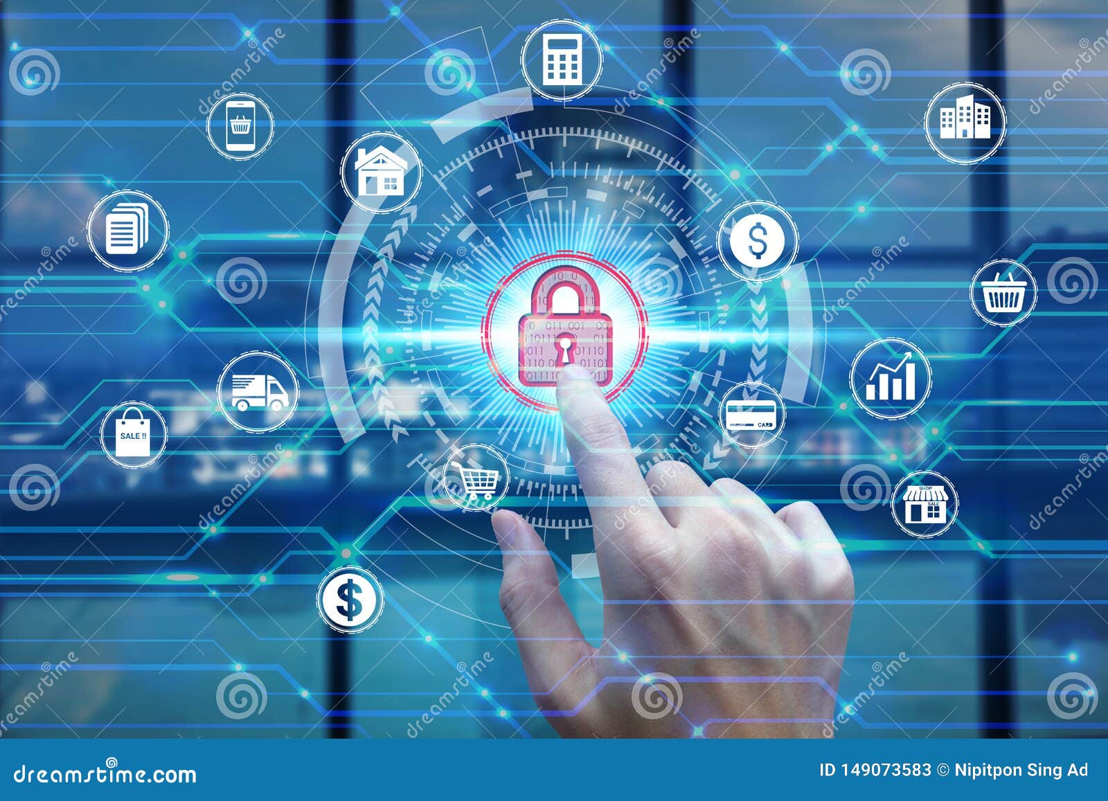 Businessman Touch Virtual Padlock Icon Over The Network Connection