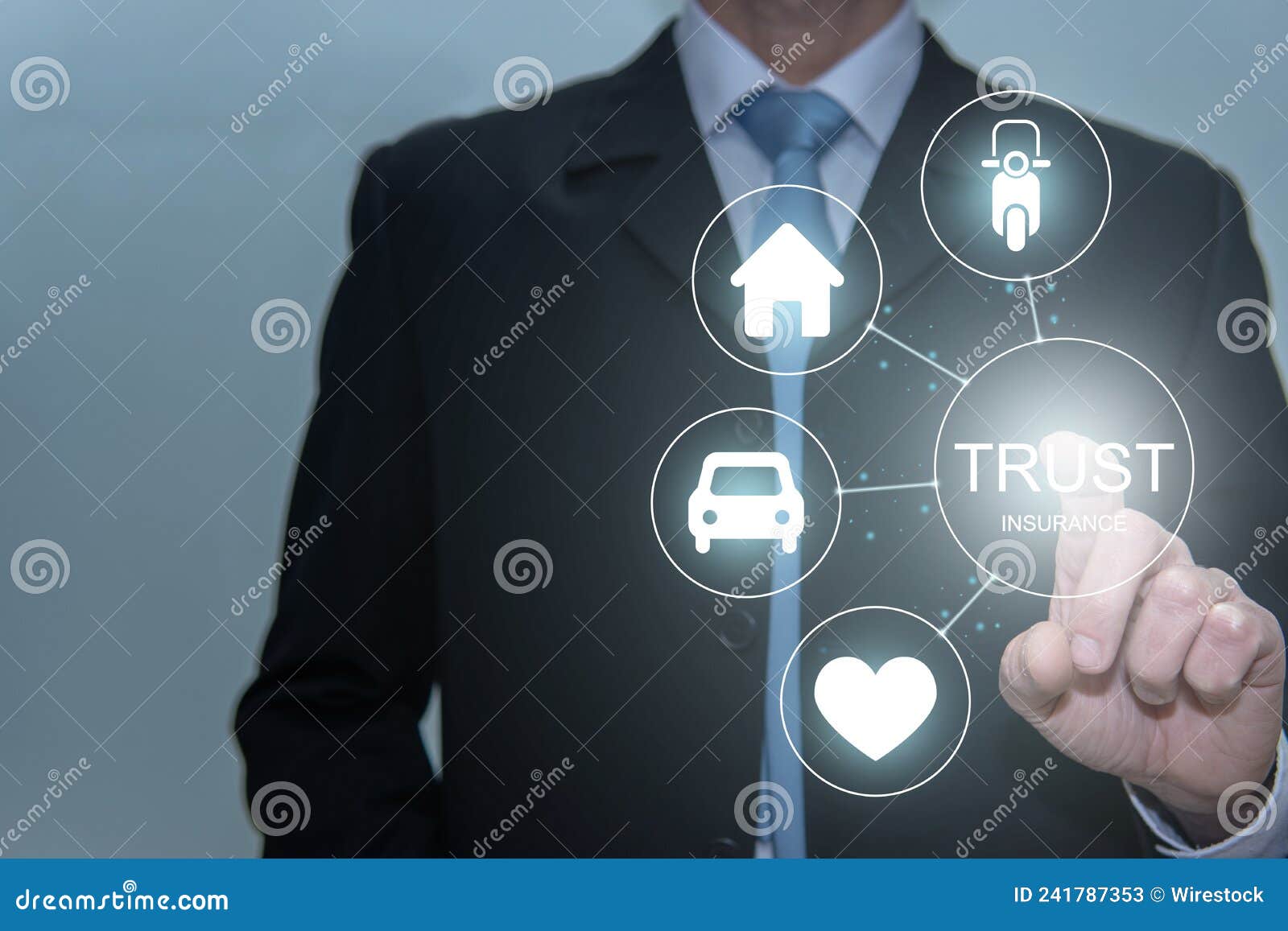 businessman touching trust icon. life, house, car and motorcicle
