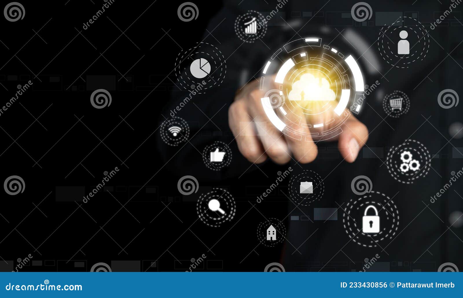 businessman touching virtual image cloud computing technology on a black background. social media, search, beginning of a new era