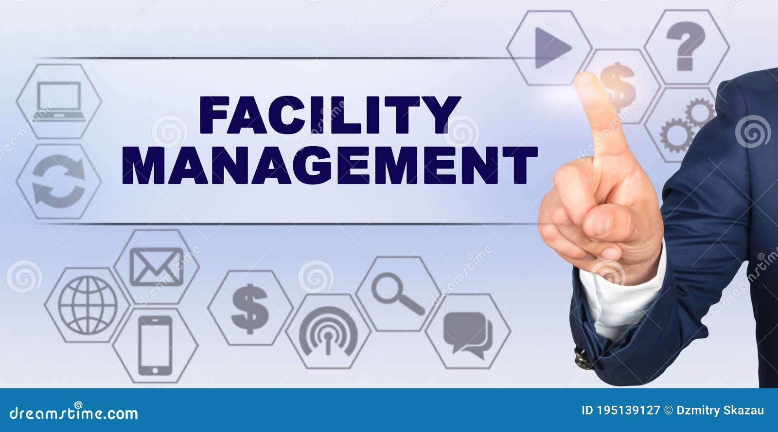 businessman touching virtual screen with his finger. screen caption - facility management