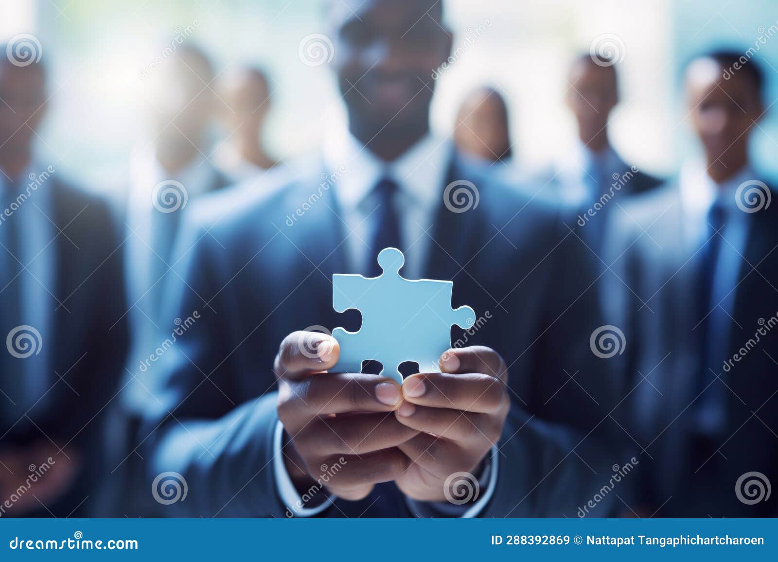 businessman two hand holding a peice of puzzle,group of peoples, generated ai