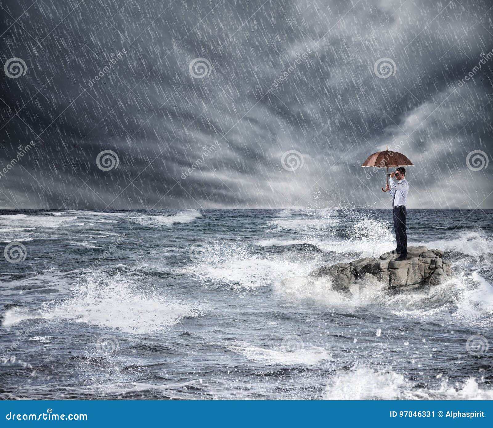 businessman with umbrella during storm in the sea. concept of insurance protection