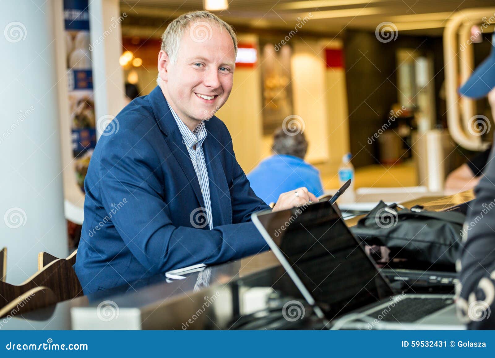 Businessman Using His Tablet at the Airport Stock Image Image of room, person 59532431