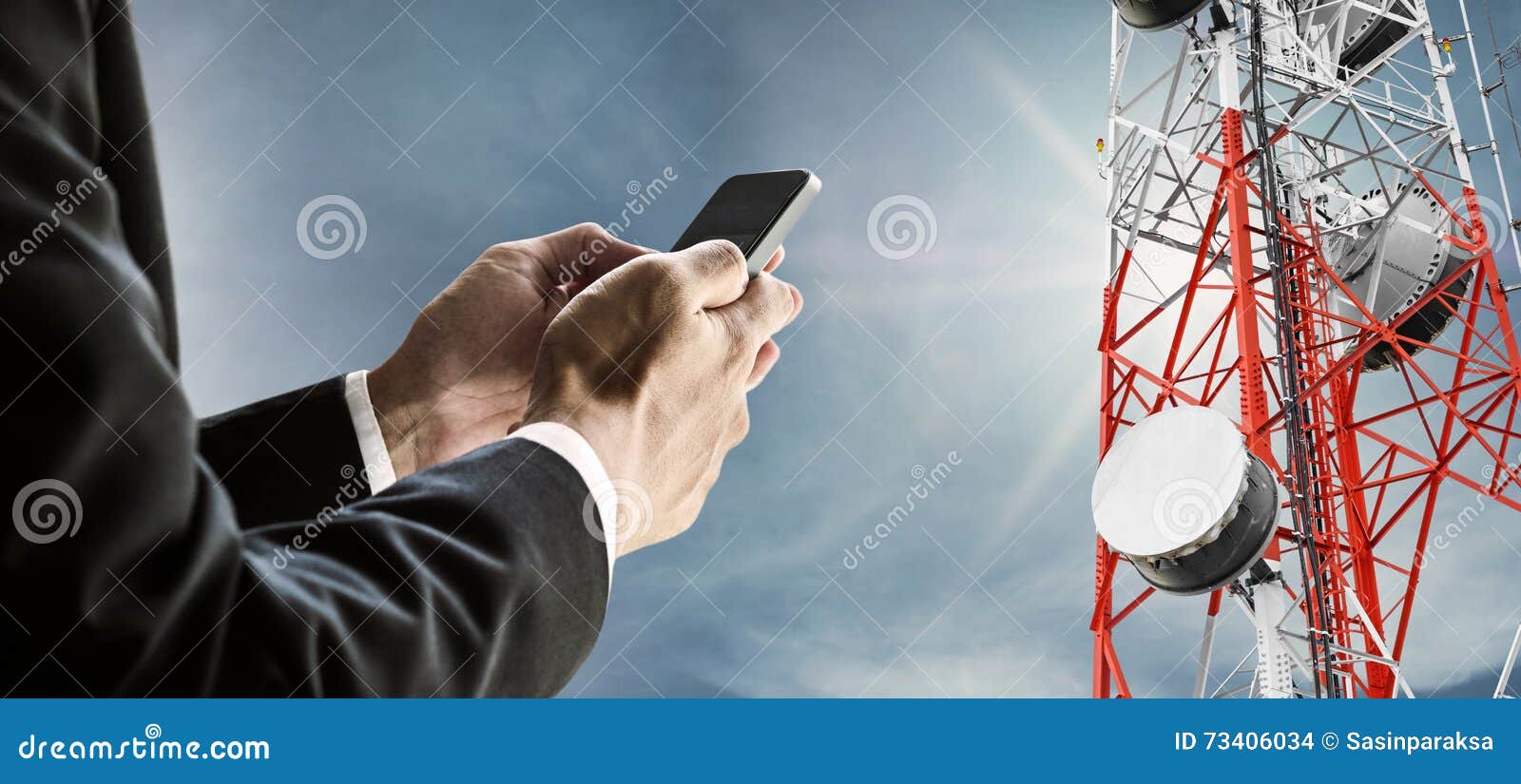 businessman using mobile phone, with satellite dish telecom network on telecommunication tower on blue sky with sunshine