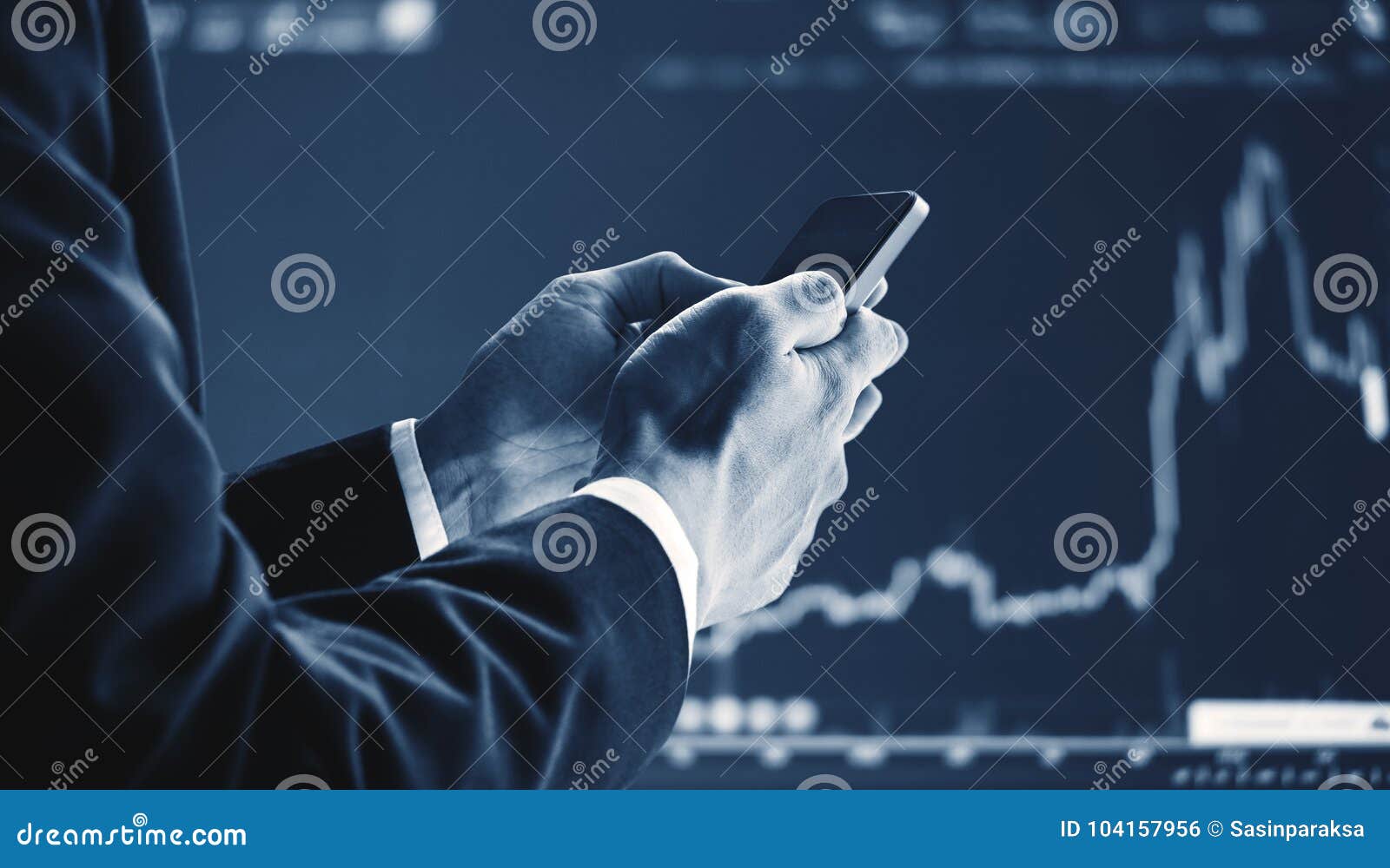 businessman using mobile smart phone, raising graph background. business growth, investment and invest in stock exchange market. o