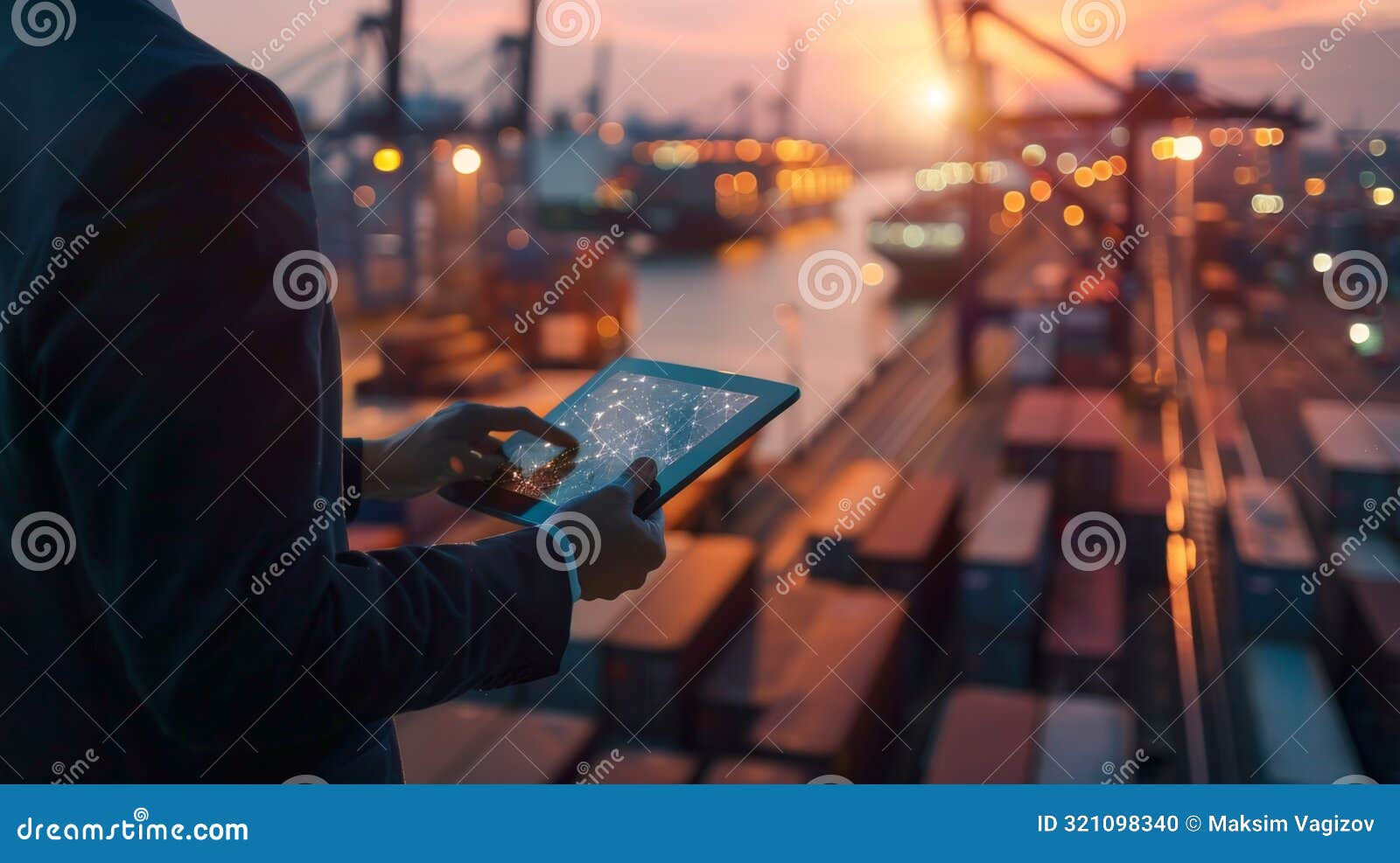 businessman using tablet in a container port, generative ai