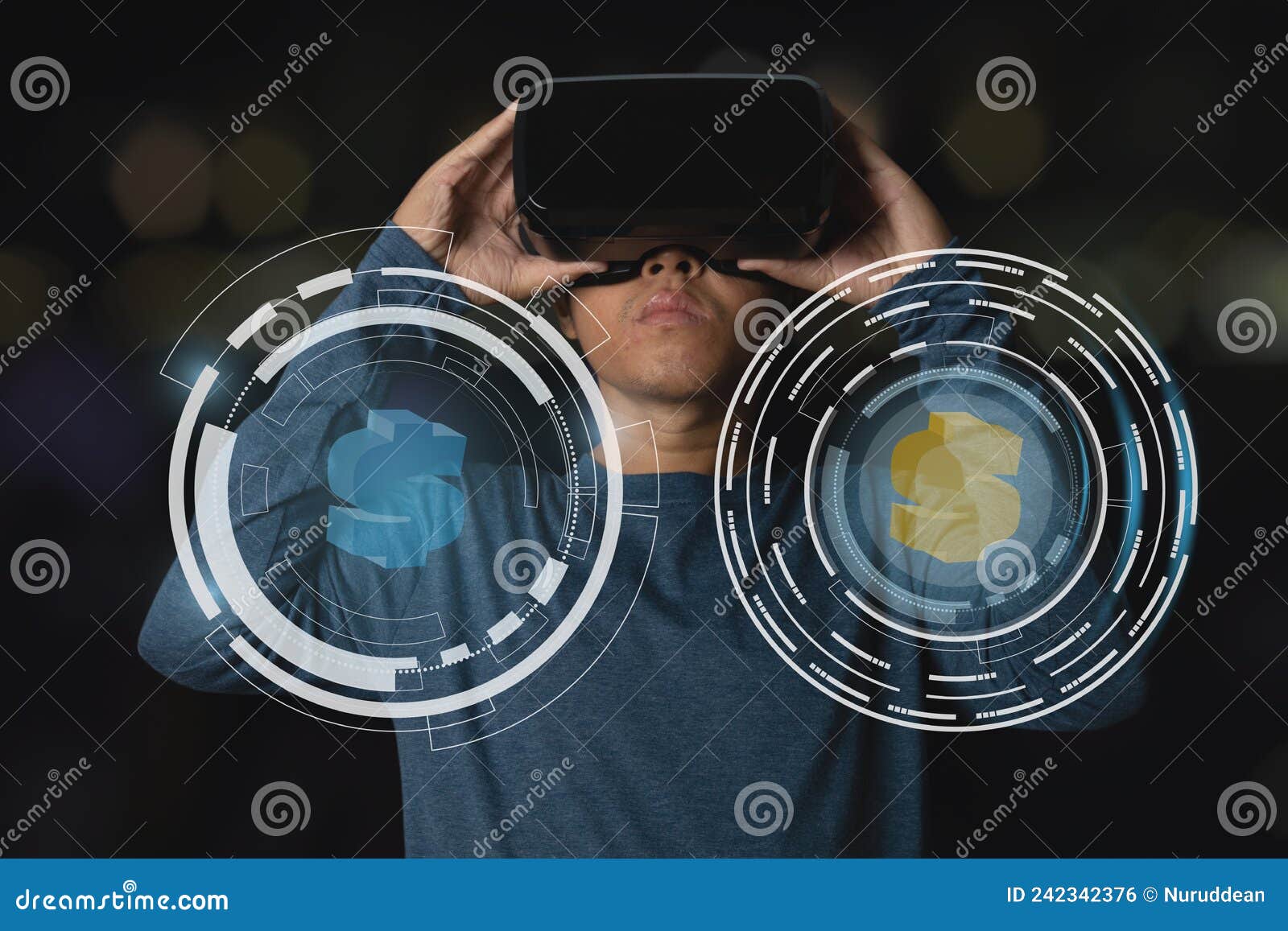 Man Using Virtual Reality Headset with a Coin Dollar Symbol Digital Hi