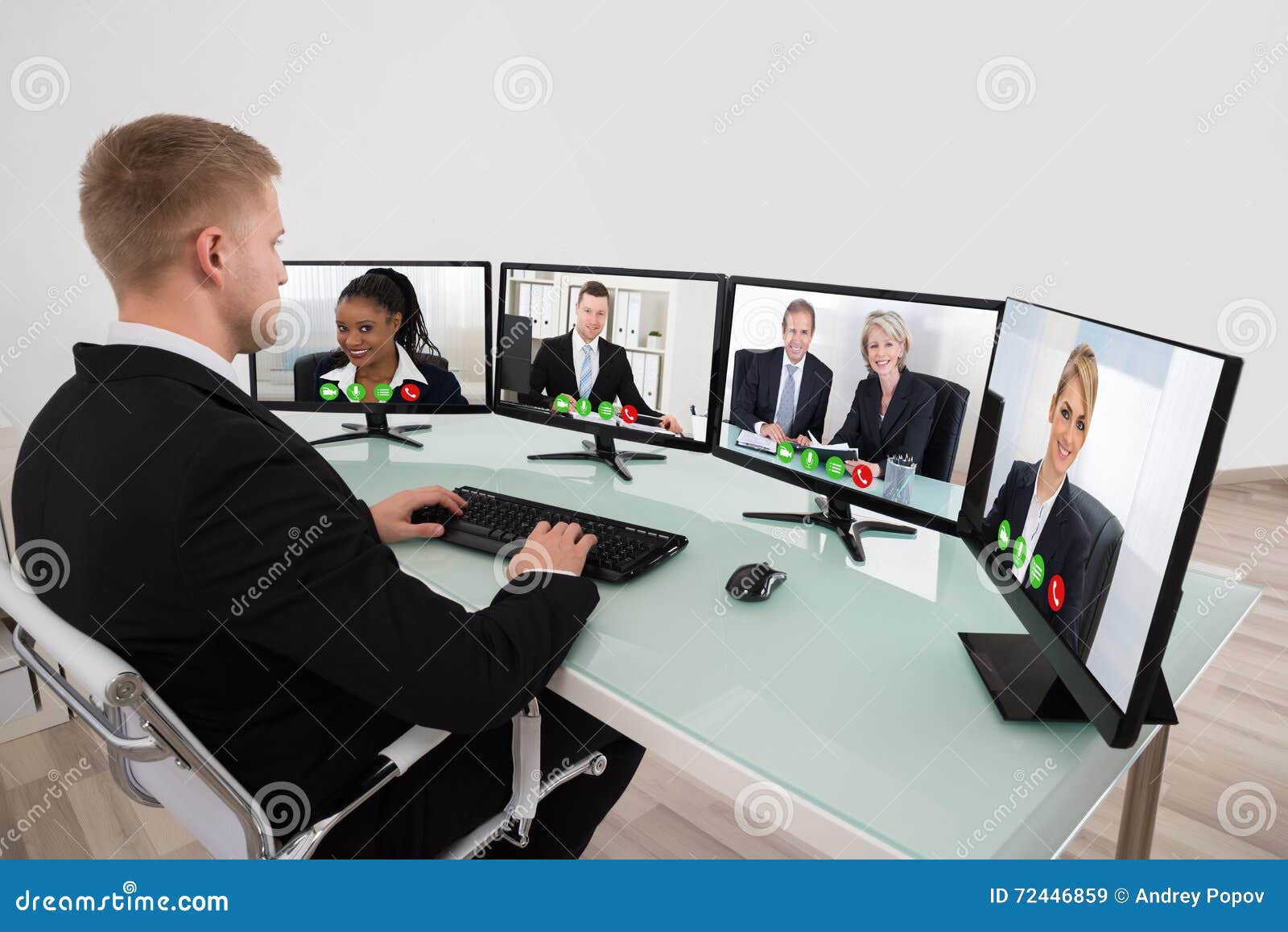 Businessman Video Conferencing On Desk Stock Image Image Of Meet