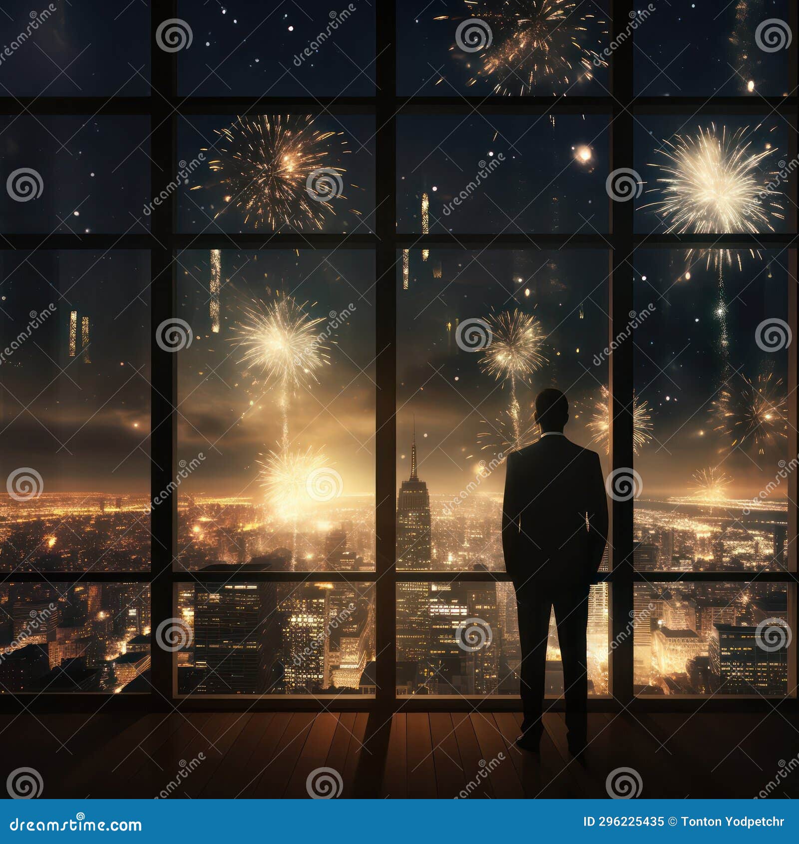 businessman watching fireworks from high-rise window,ai generated