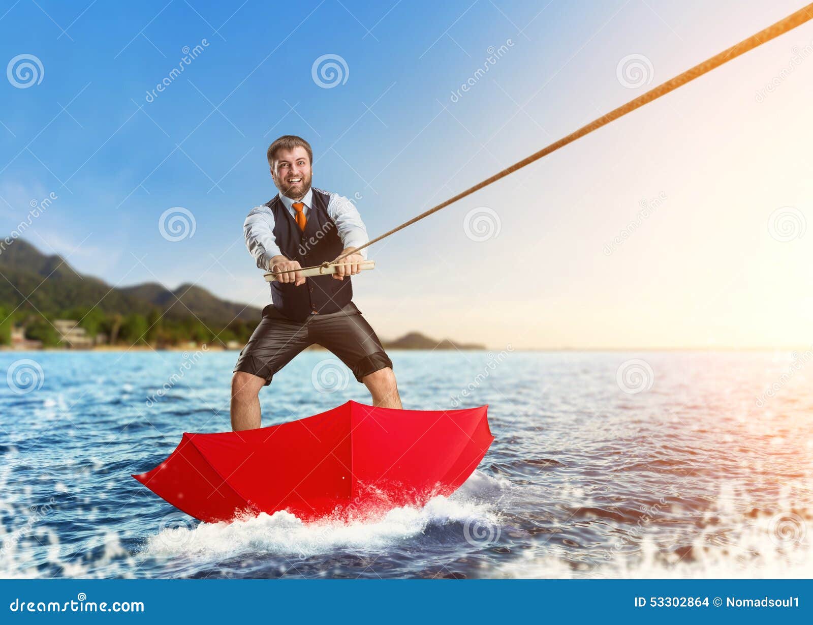 Businessman on Water Skis in Umbrella Stock Photo - Image of corporate ...