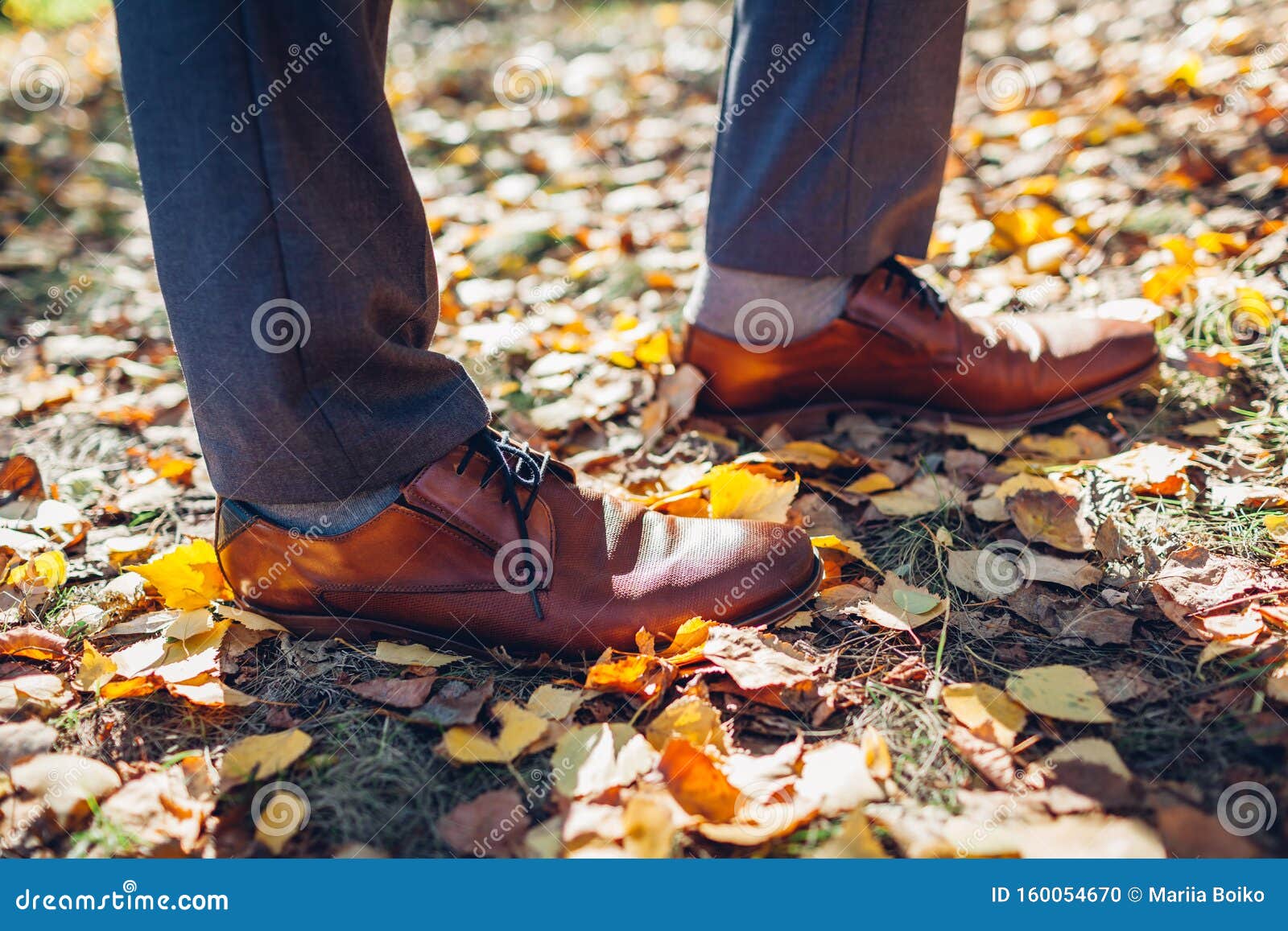 Businessman Wearing Shoes in Autumn Park. Brown Leather Classic ...