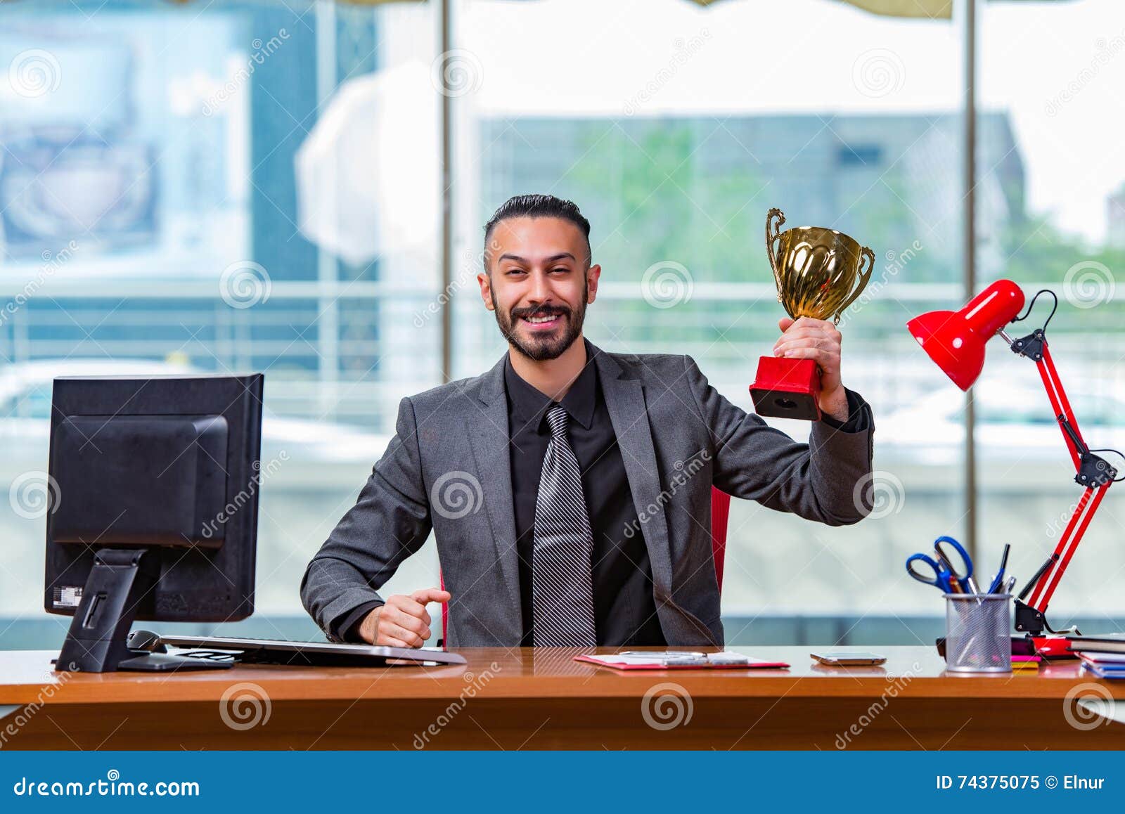 The Businessman Winning Cup Trophy in the Office Stock Image - Image of