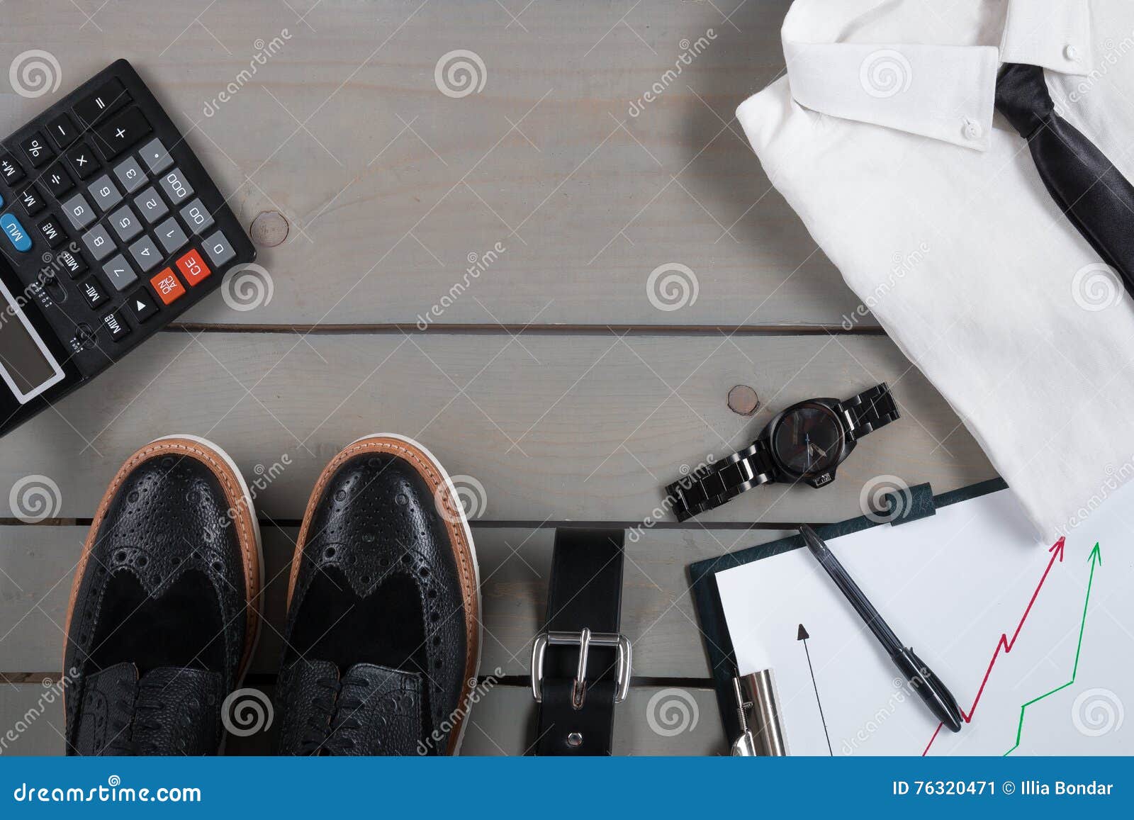 Businessman Work Outfit On Grey Wooden Background White Shirt