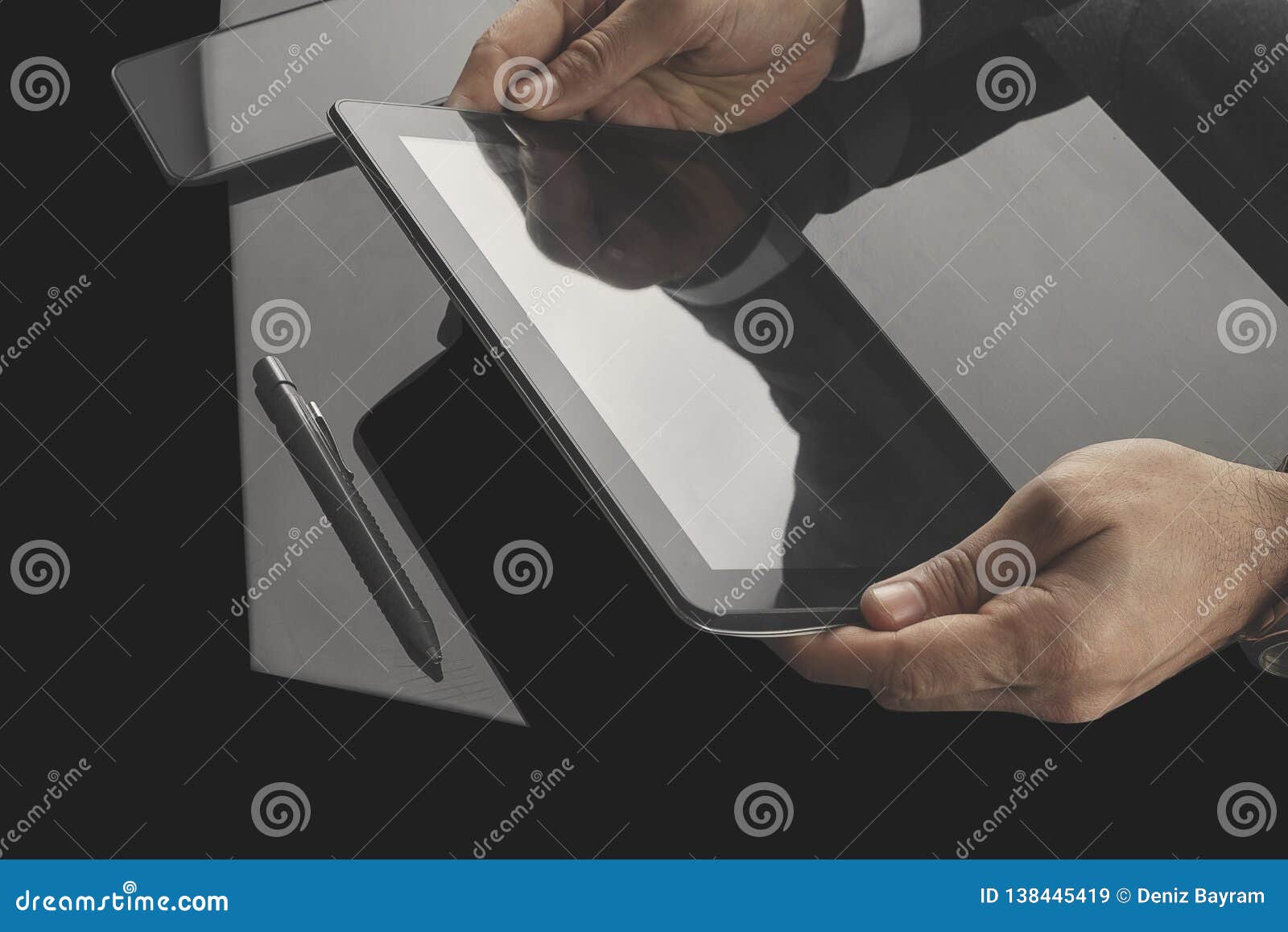 Businessman Working in the Office with Communication Equipments Stock
