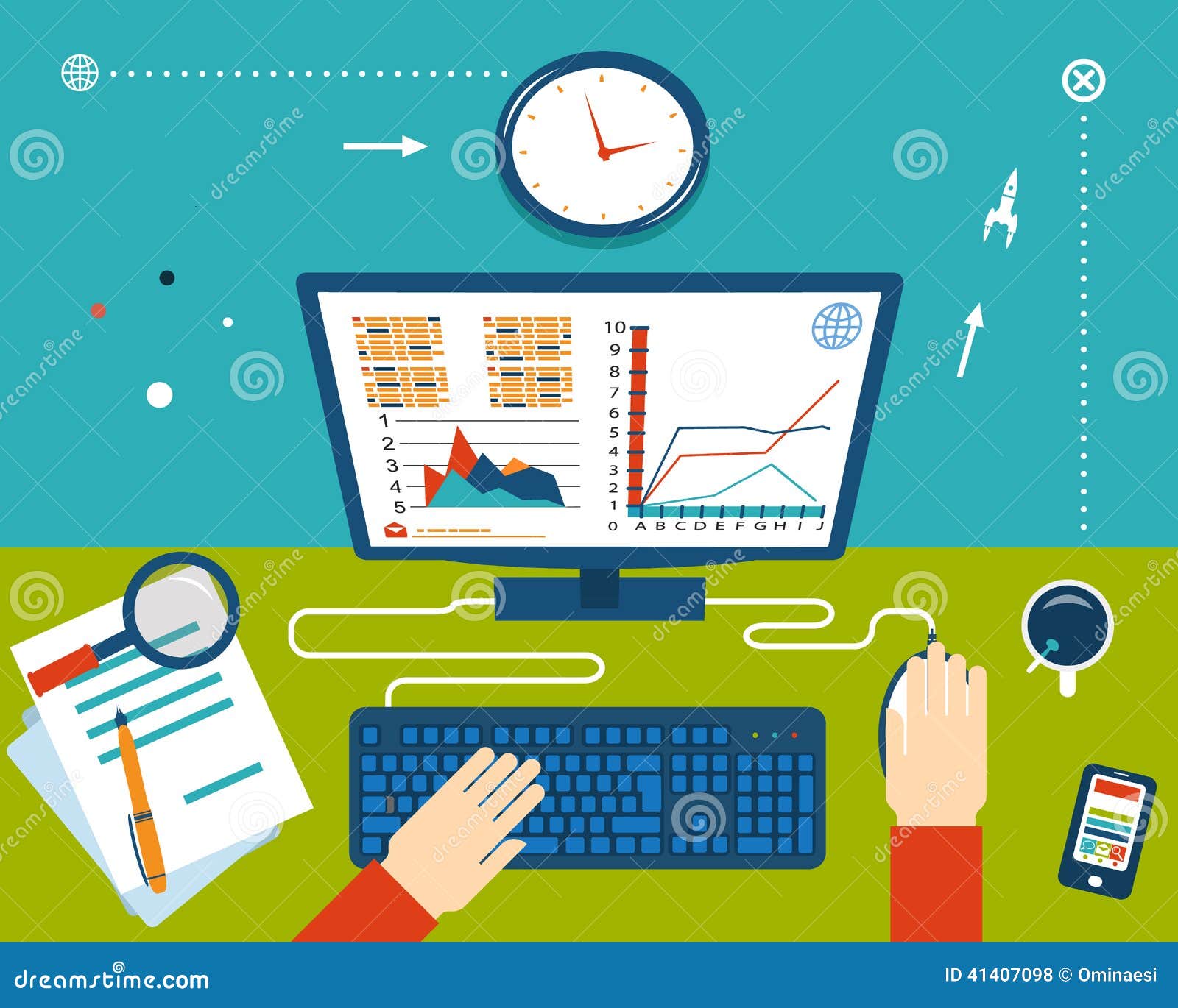 Businessman Workplace with Hands and Infographic Stock Vector