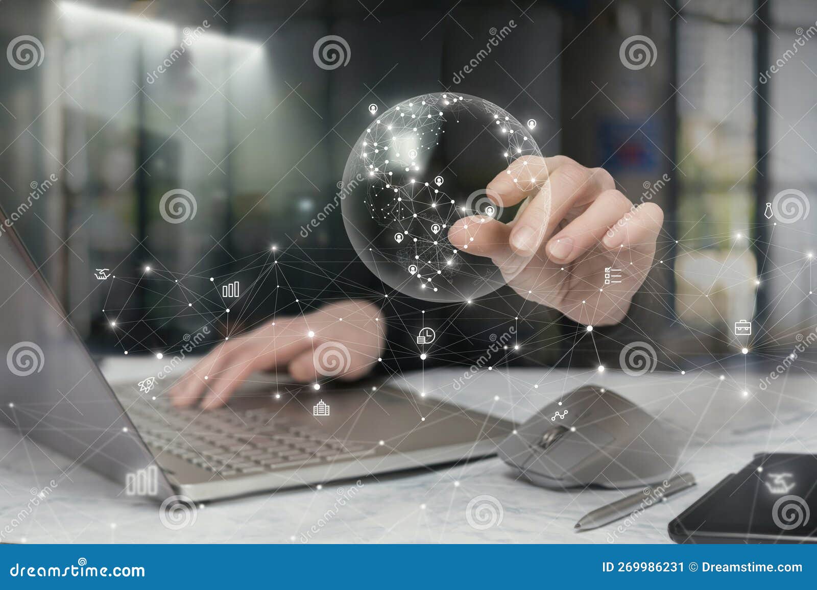 businessman works at a computer in the global network