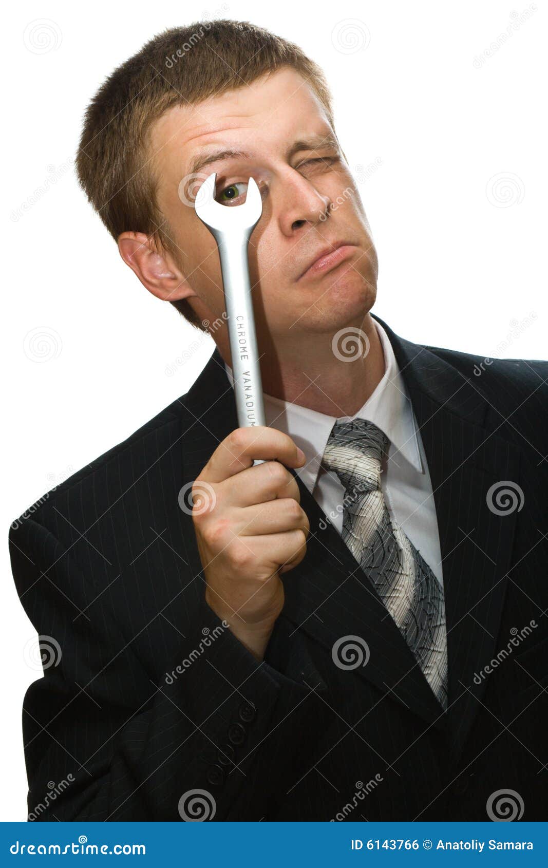 Businessman with a Wrench, Isolated Stock Photo Image of human, tool