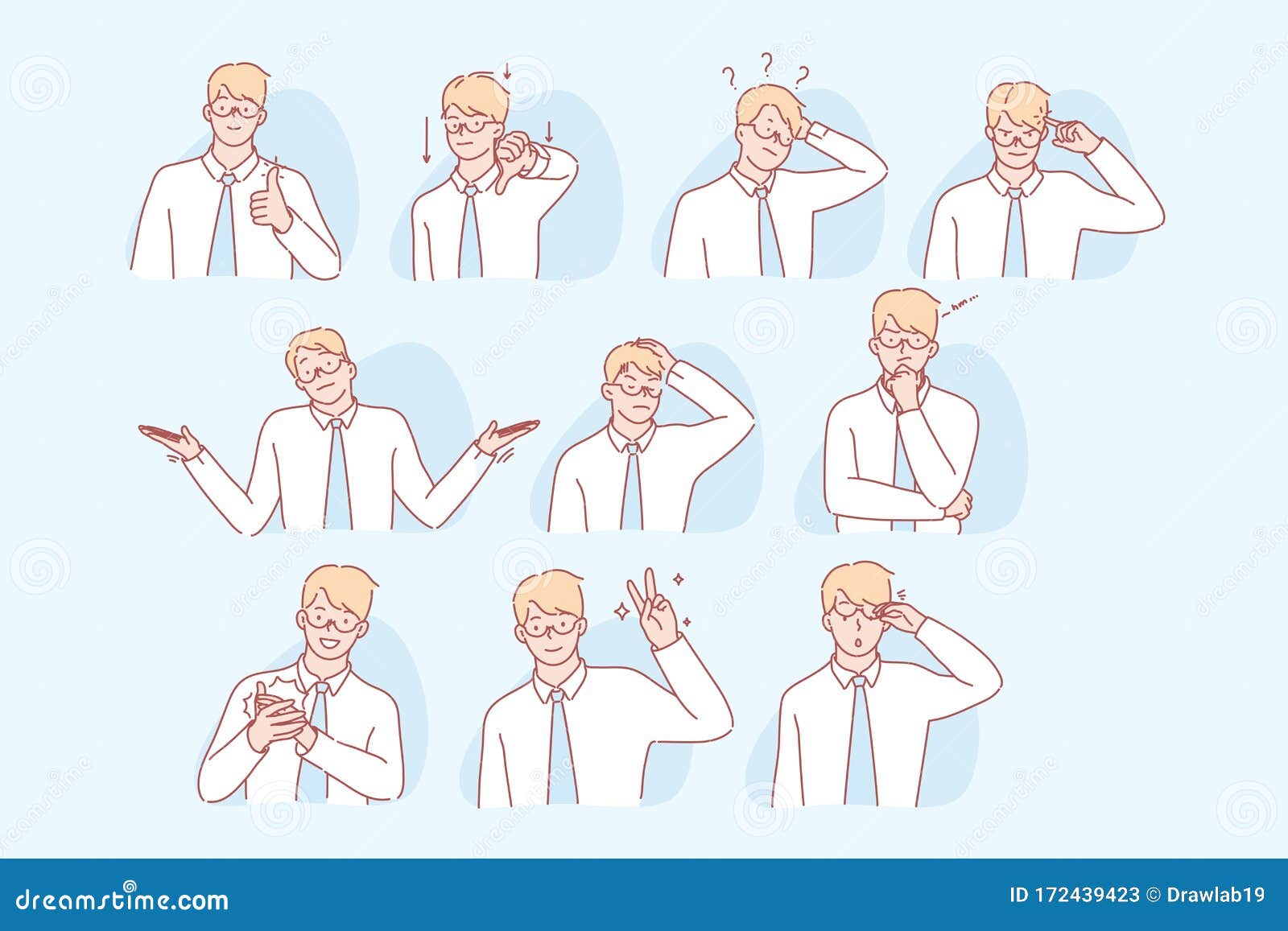 businessmans gestures and facial expresion set concept