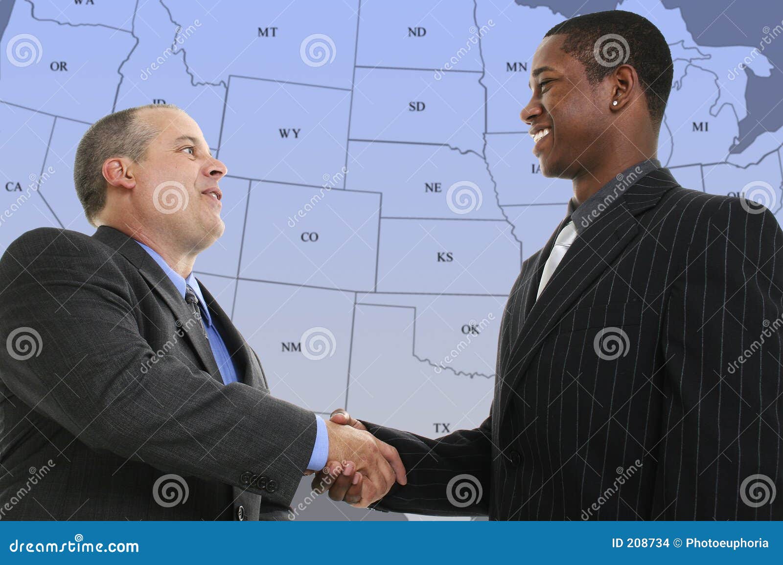 Businessmen Handshake in Front of Blue US State Map Stock Photo Image