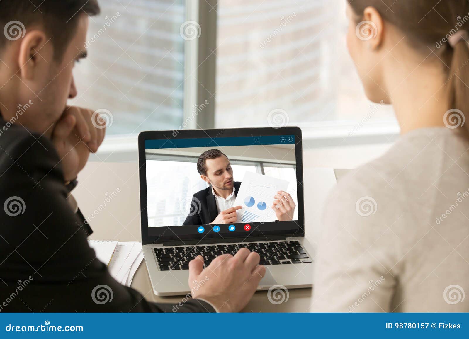 Businesspeople Participating Videoconference, Discussing Financi Stock