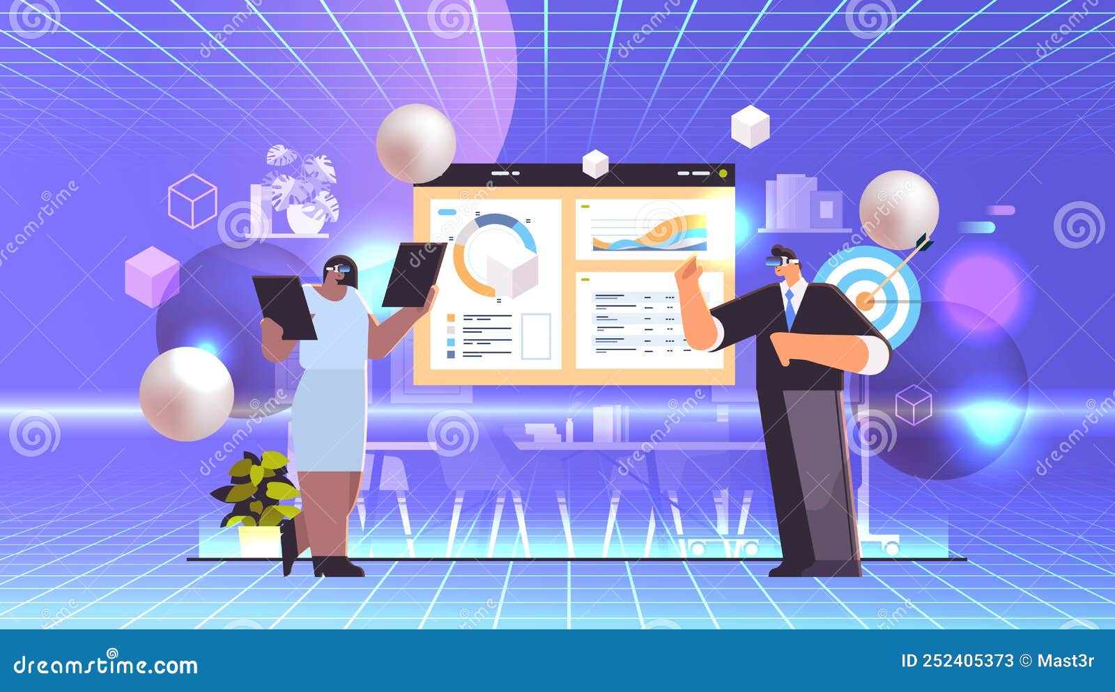 Businesspeople in Virtual Reality Glasses on Graph Financial Statistics