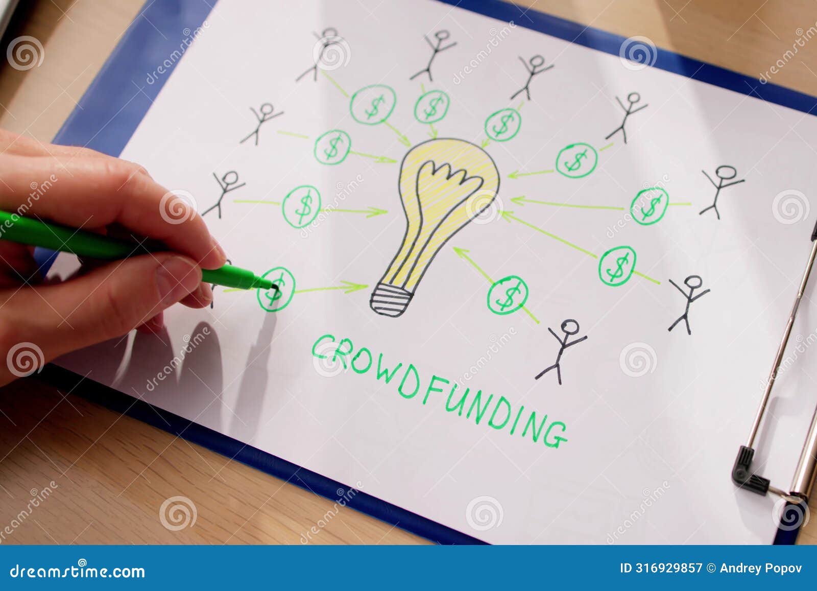 businessperson drawing crowdfunding concept on paper