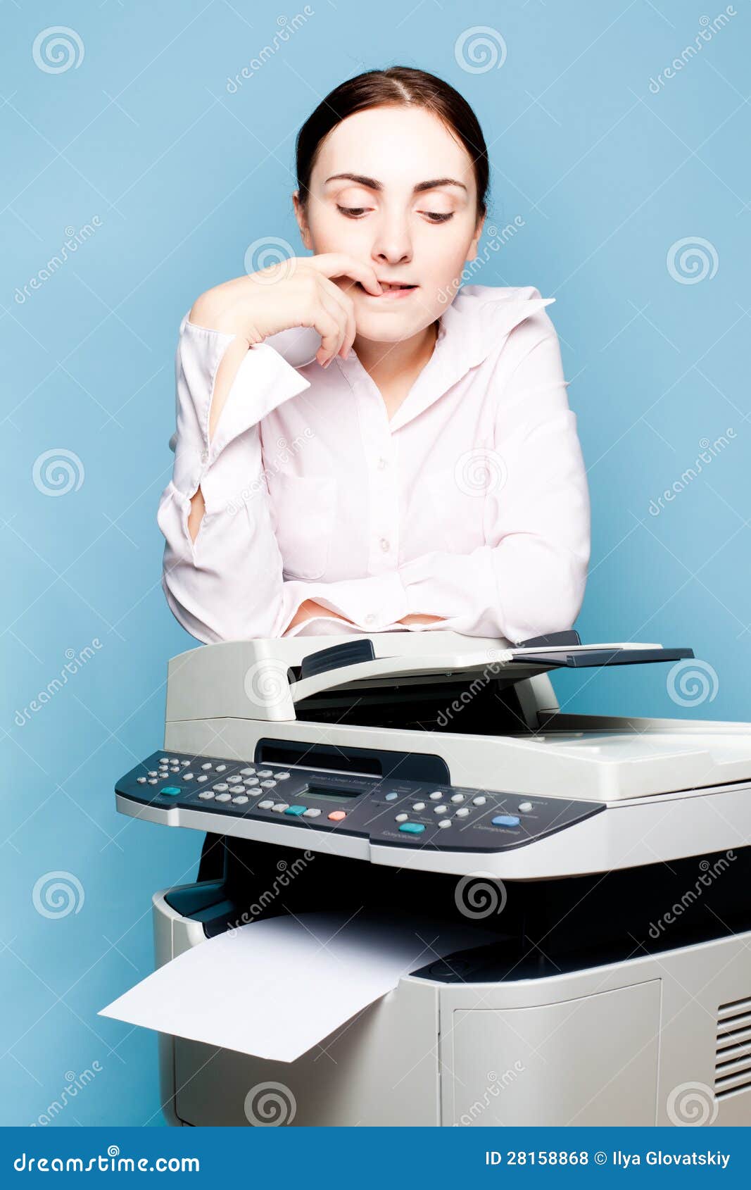 Businesswoman with Copier Thinking Stock Photo Image of scan, print